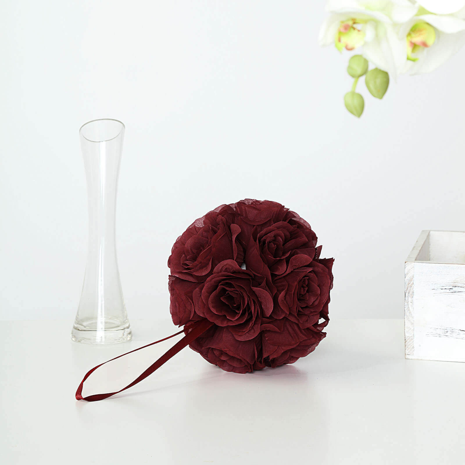 2-Pack 7" Burgundy Artificial Silk Rose Kissing Balls - Ideal for Decor