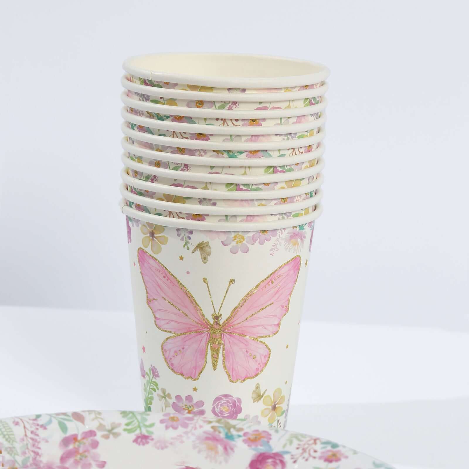 96-Piece Disposable Paper Dinnerware Set with Butterfly Print in White and Pink