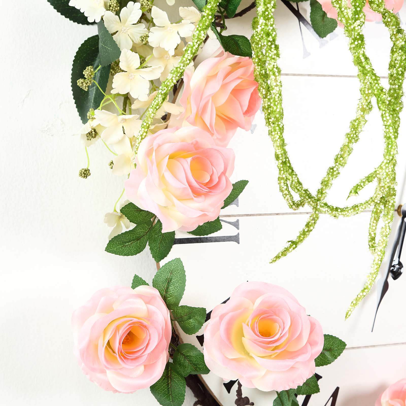 6ft Long Pink Artificial Silk Rose Garland with 14 Lifelike Flowers