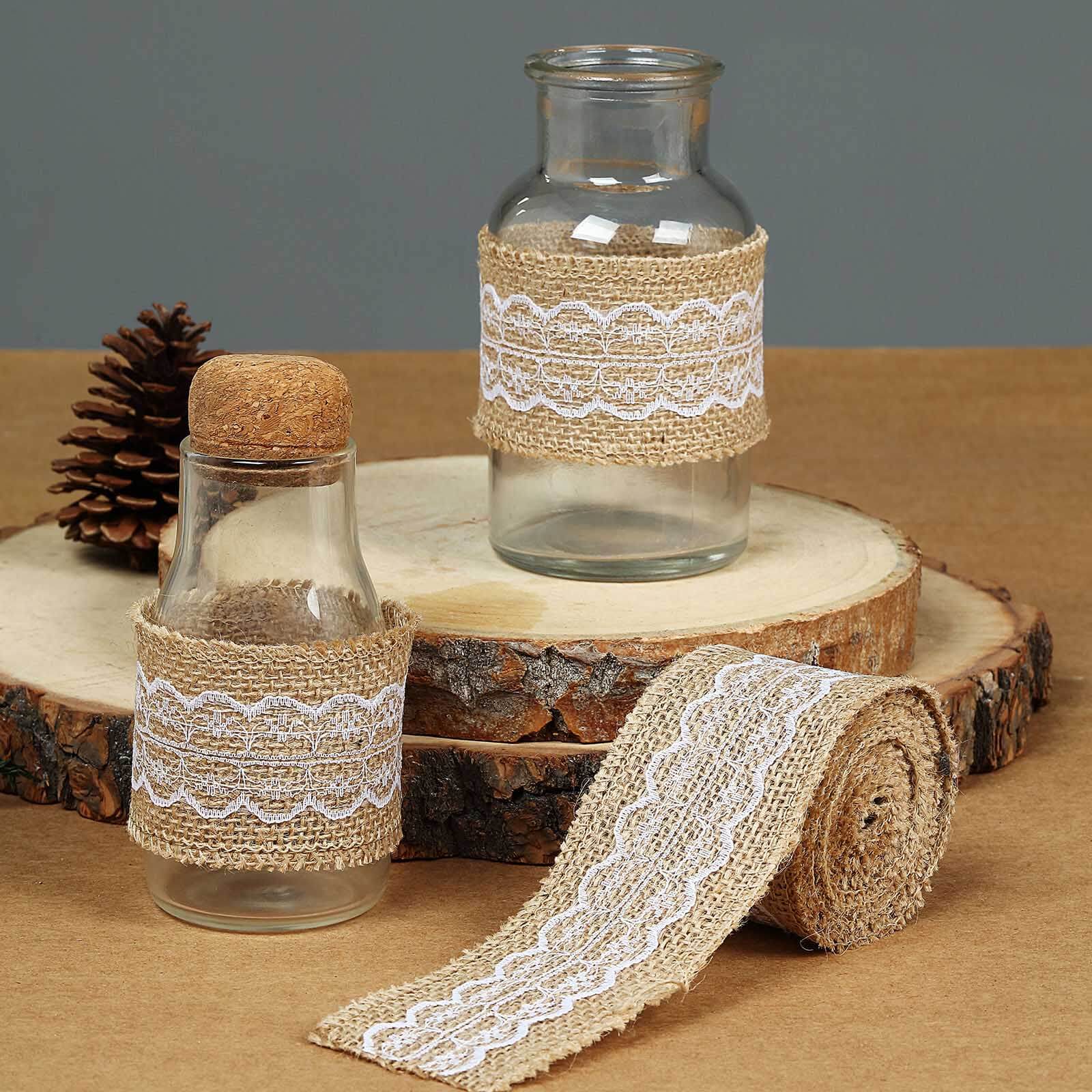 Pair of 16FT Natural Jute Burlap Ribbons with Wavy Lace Trim