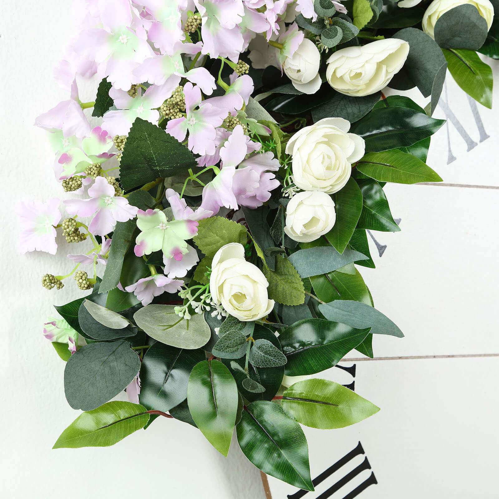 40-Foot Artificial Silk Cream Ranunculus and Eucalyptus Willow Leaf Garland - Ideal Decor