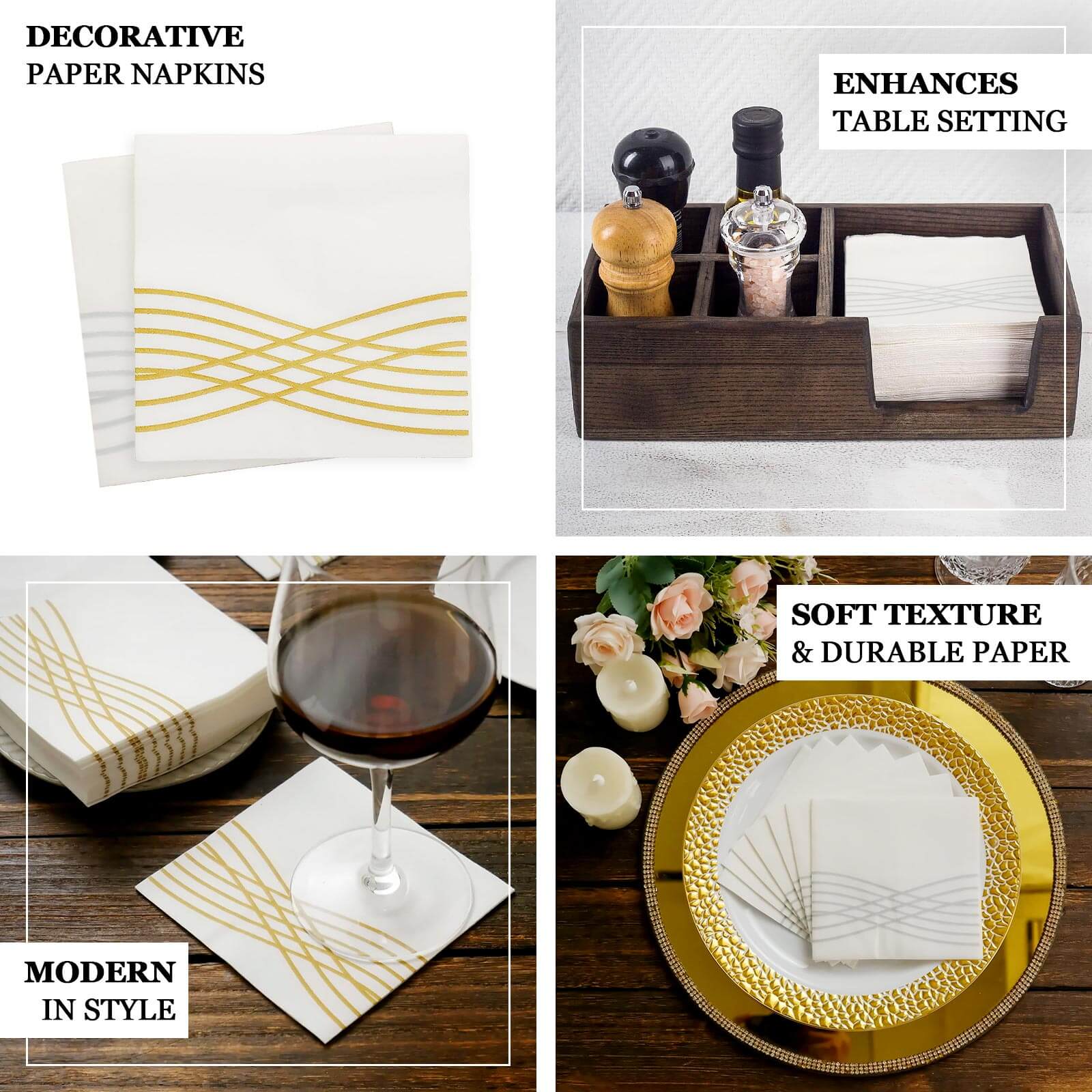20-Piece Set of White Airlaid Cocktail Napkins with Gold Foil Wave Design