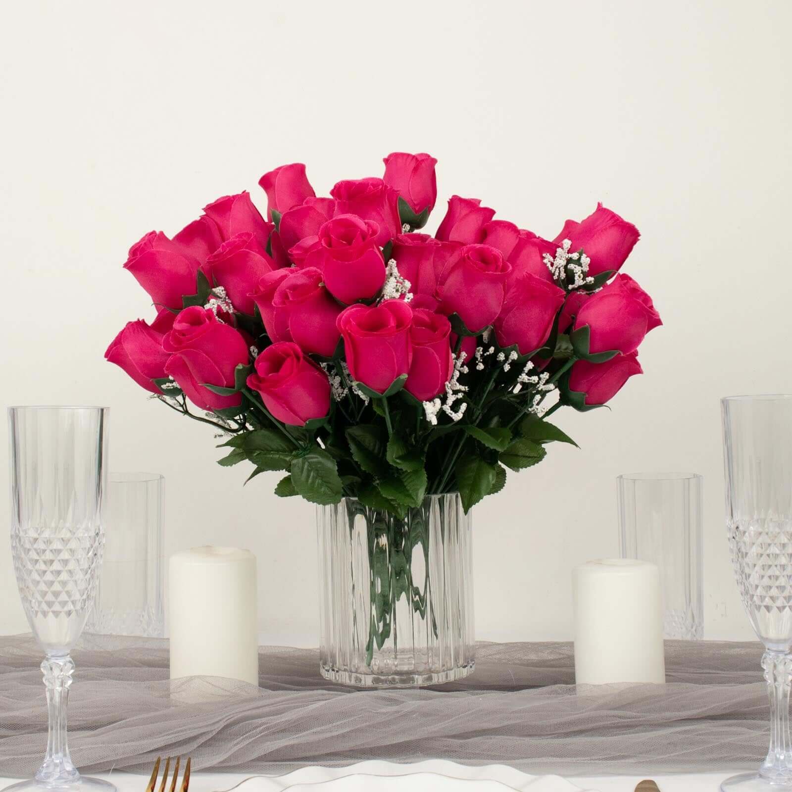 Premium Artificial Silk Fuchsia Rose Bud Bouquets - Set of 12 Bushes for Decor