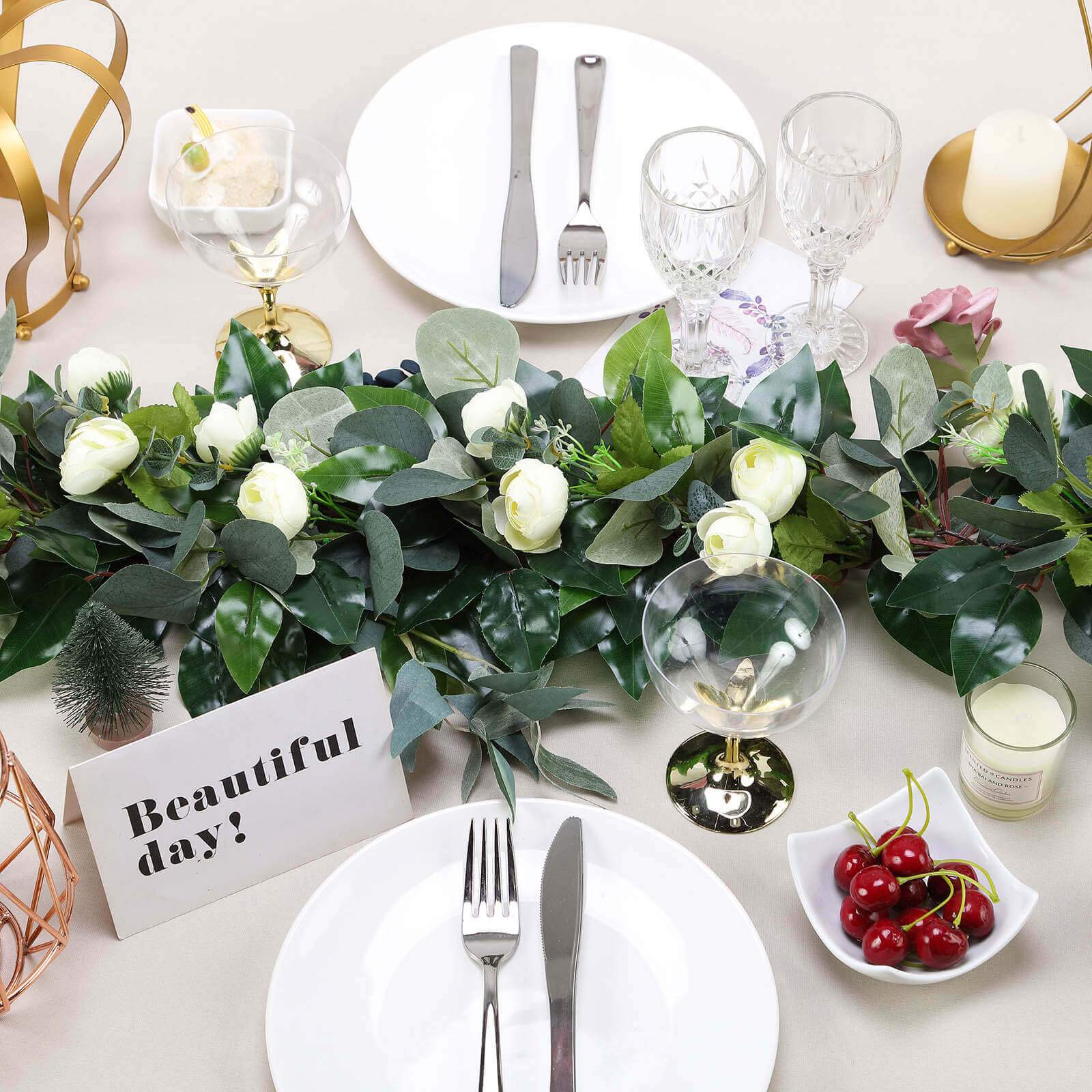 40-Foot Artificial Silk Cream Ranunculus and Eucalyptus Willow Leaf Garland - Ideal Decor
