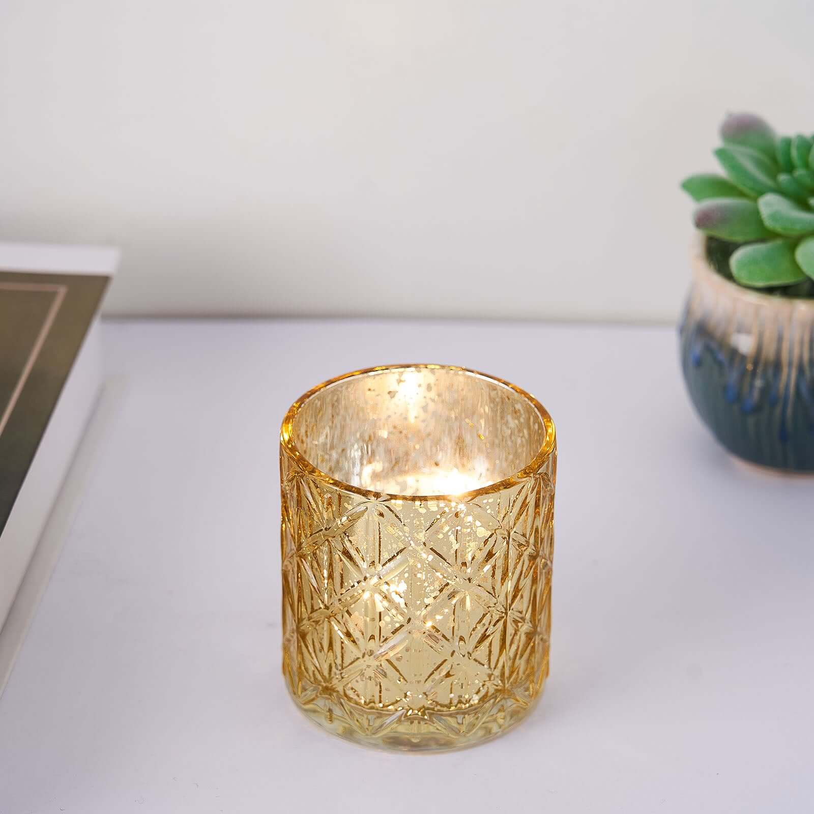 Hot Sale! 6-Piece Set of Shiny Gold Mercury Glass Votive Tealight Holders with Geometric Design