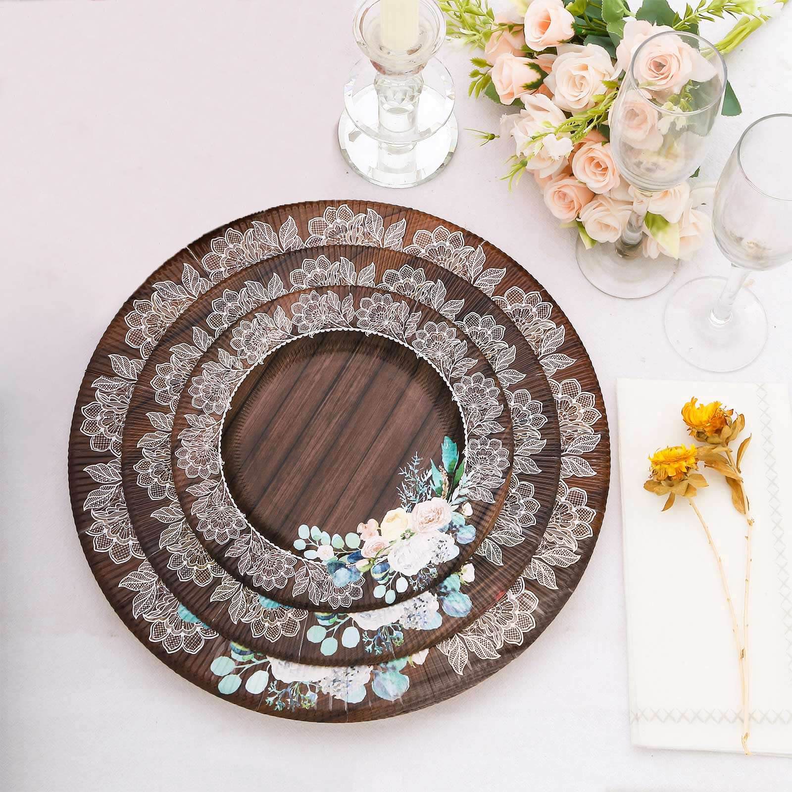 25-Piece Disposable 8-Inch Round Brown Wood Print Dessert Plates with Floral Lace Rim for Rustic Events