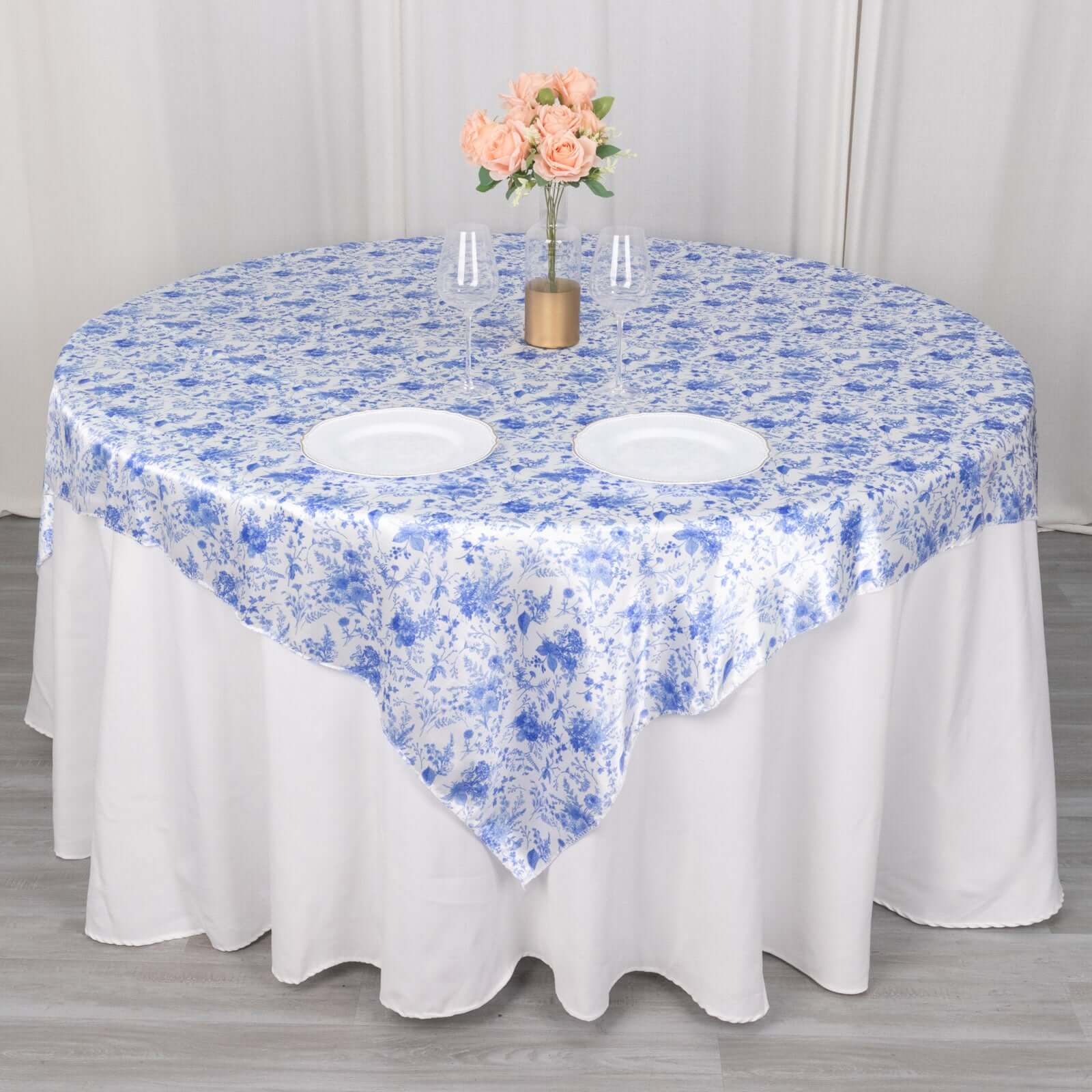 White and Blue Satin 72x72 Square Table Overlay with French Toile Floral for Elegant Celebrations