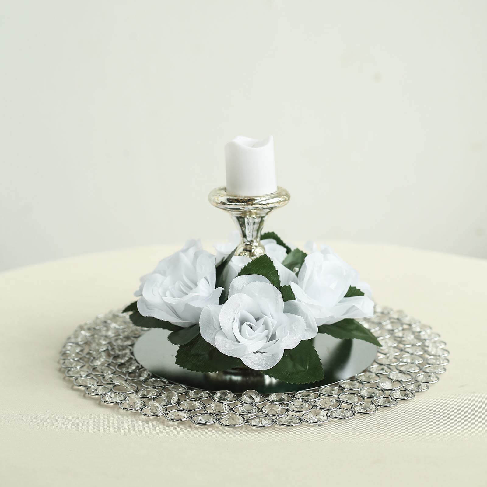 Set of 4 Artificial White Silk Rose and Baby's Breath Candle Ring Wreaths