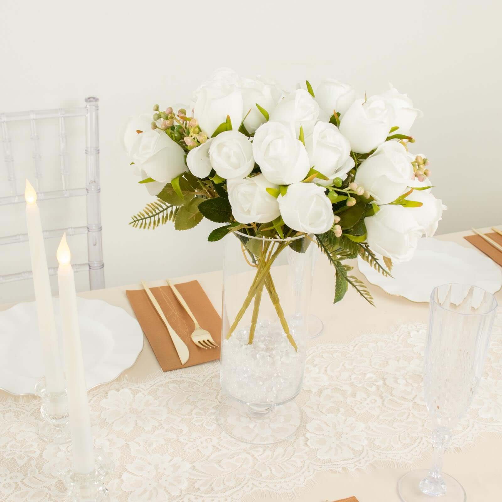 Hot Deal! 3-Pack 13" White Real-Touch Silk Rose Bud Bridal Bouquets for Decor