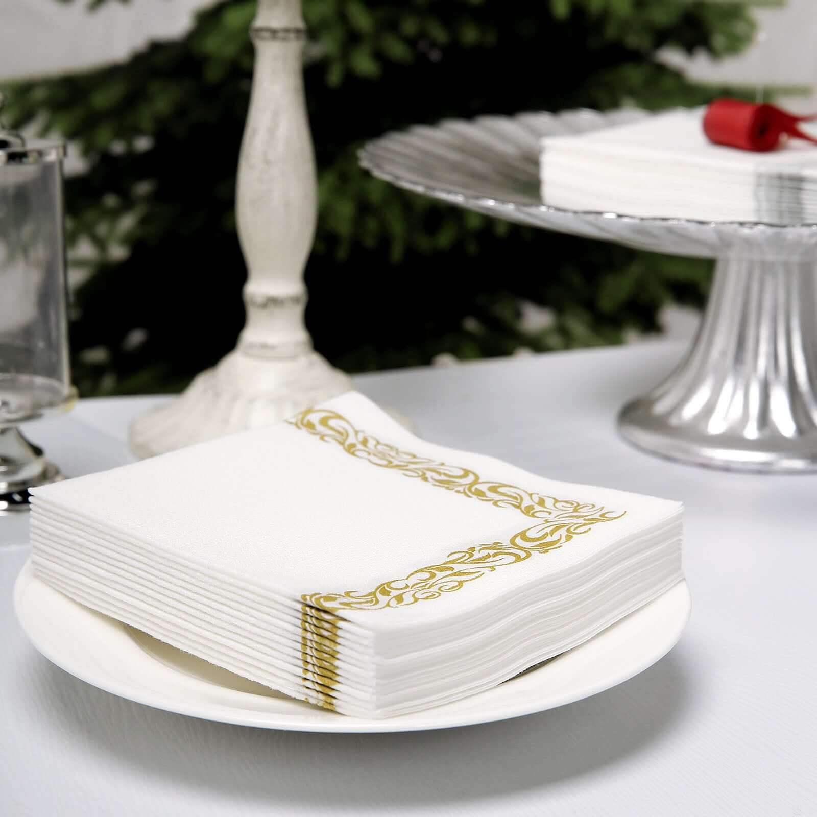 20-Pack Airlaid Party Napkins: White with Gold Scroll Floral Design - Soft & Absorbent