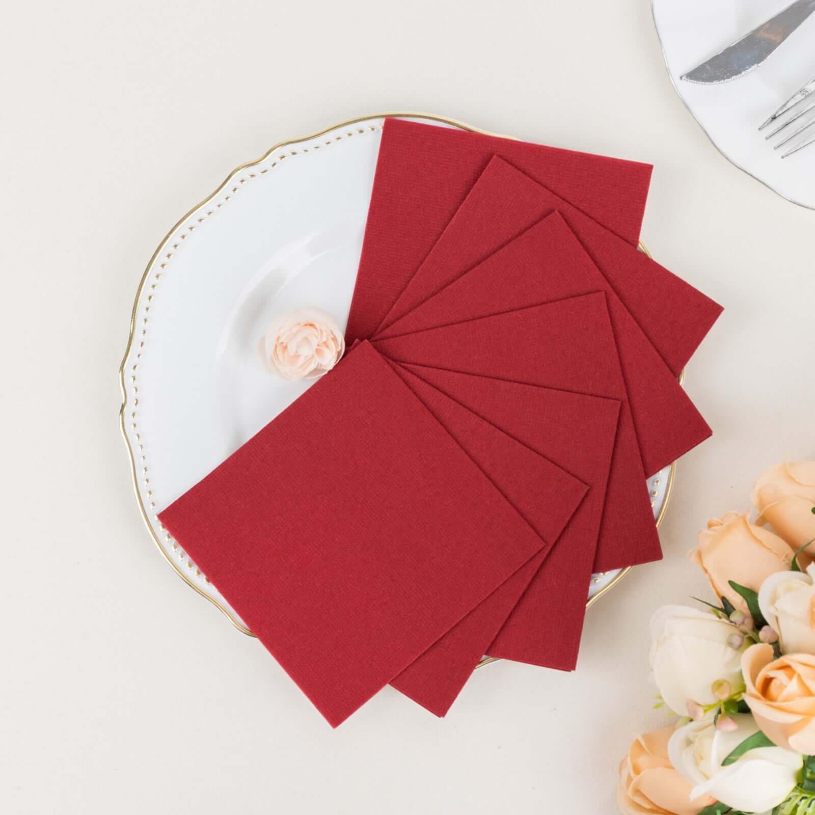 20-Pack Highly Absorbent Burgundy 5x5 Linen-Like Airlaid Napkins - Ideal for Events