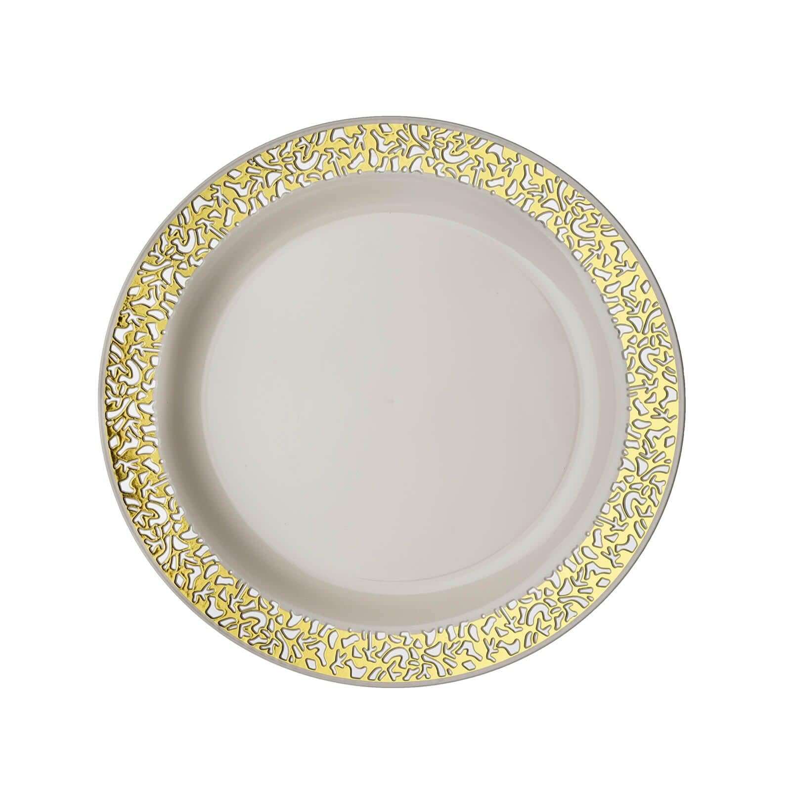 10-Pack Ivory Plastic Disposable Appetizer Plates with Gold Lace Rim, 6 Inches