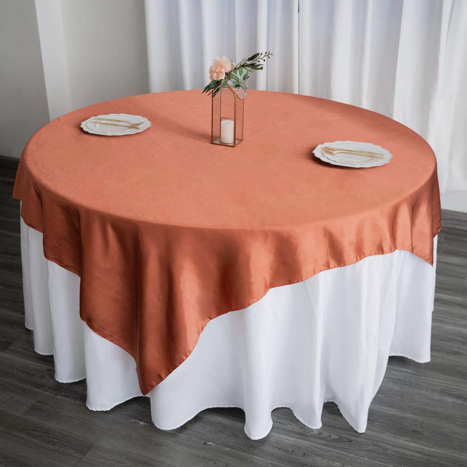 Hot! 72x72 Satin Square Table Overlay in Terracotta (Rust) - Smooth Finish