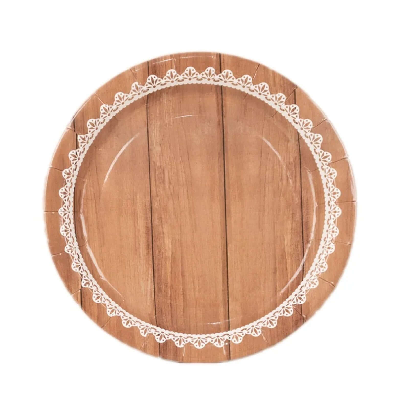 25-Pack Disposable 7-Inch Round Brown Wood Grain Paper Dessert Plates with White Lace Rim for Rustic Events