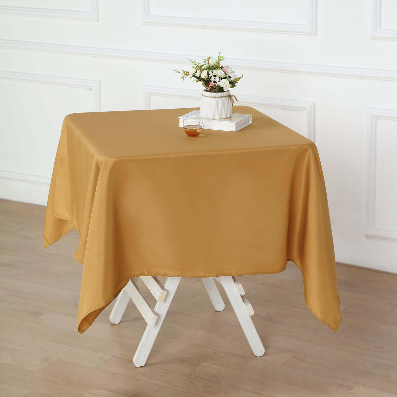Wrinkle-Resistant & Durable Gold Polyester 54x54 Square Tablecloth for Events