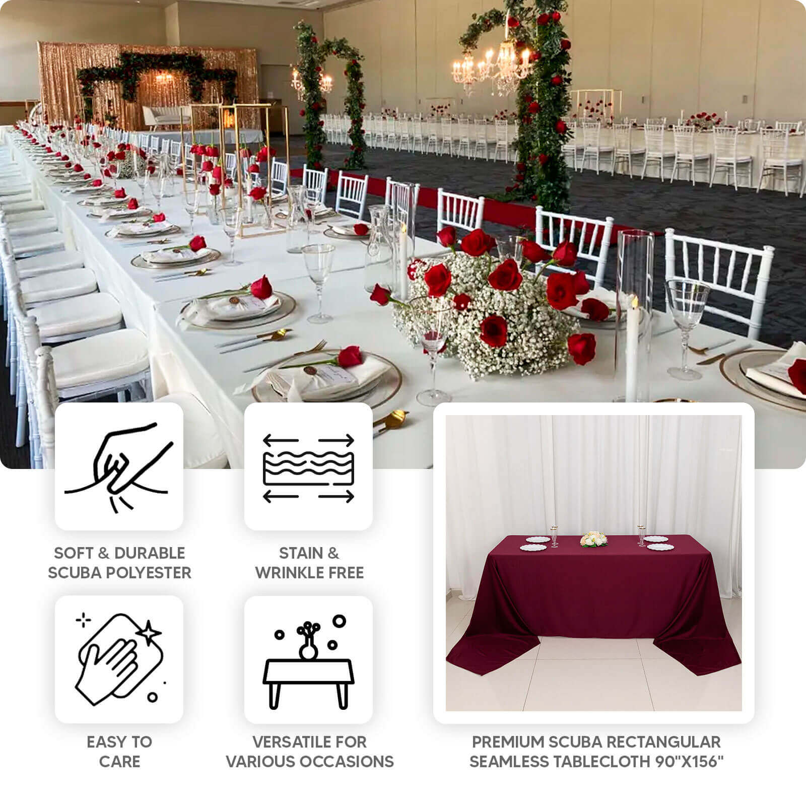 Royal Blue Premium Scuba 90x156 Wrinkle-Free, Stain-Resistant Rectangular Tablecloth - Ideal for Events
