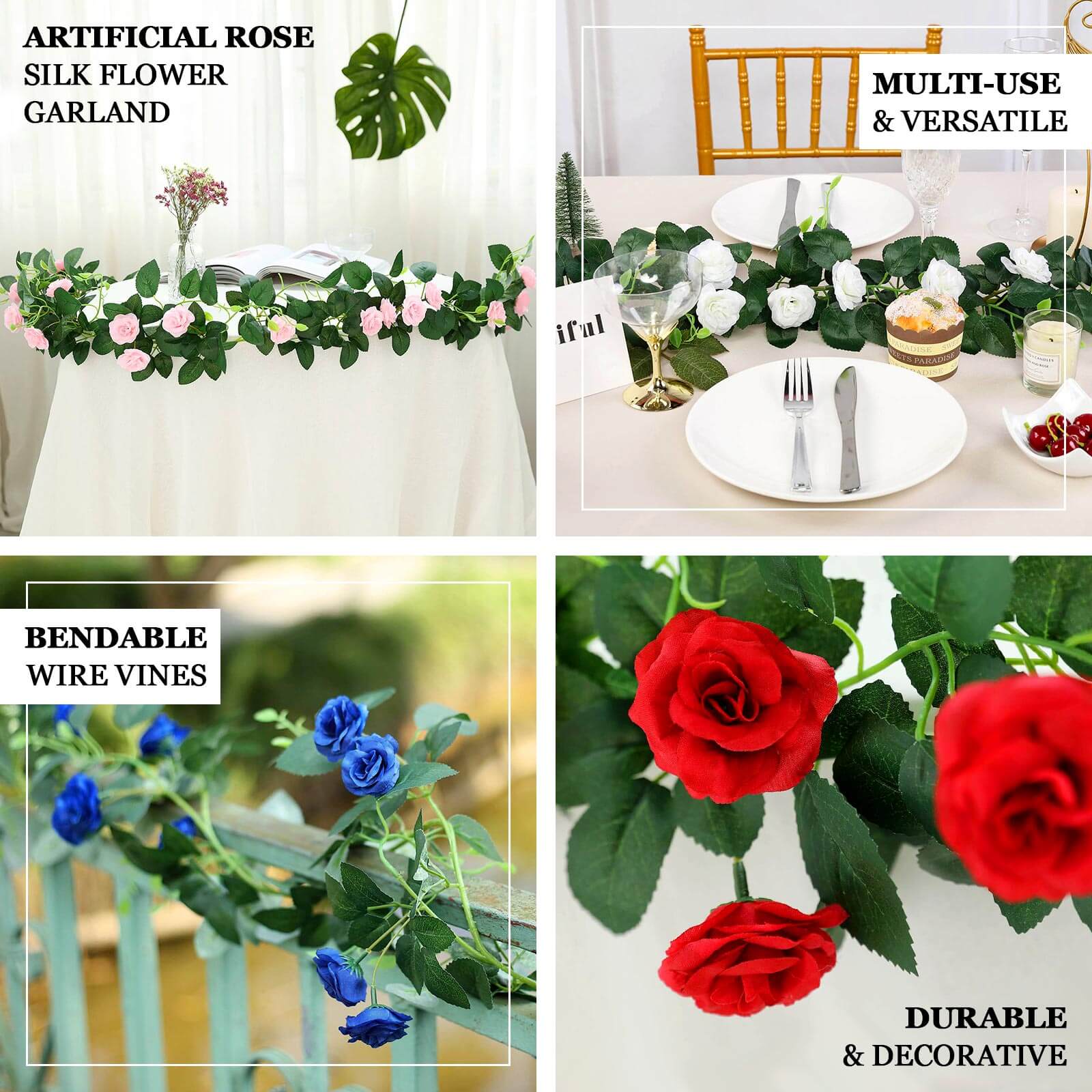 6-Foot Blush Silk Artificial Rose Flower Garland with 20 Roses