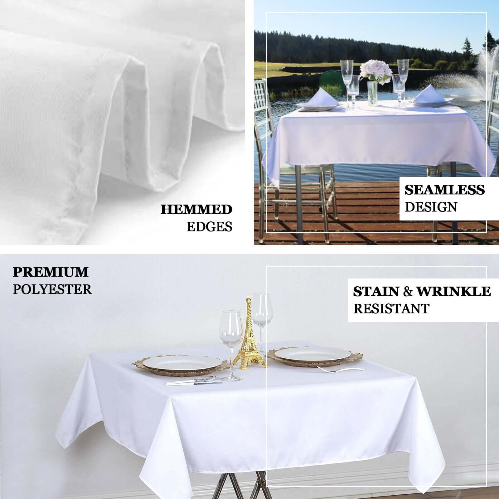 Get This Premium 54x54 White Polyester Square Tablecloth - Stain & Wrinkle Resistant for Weddings & Events