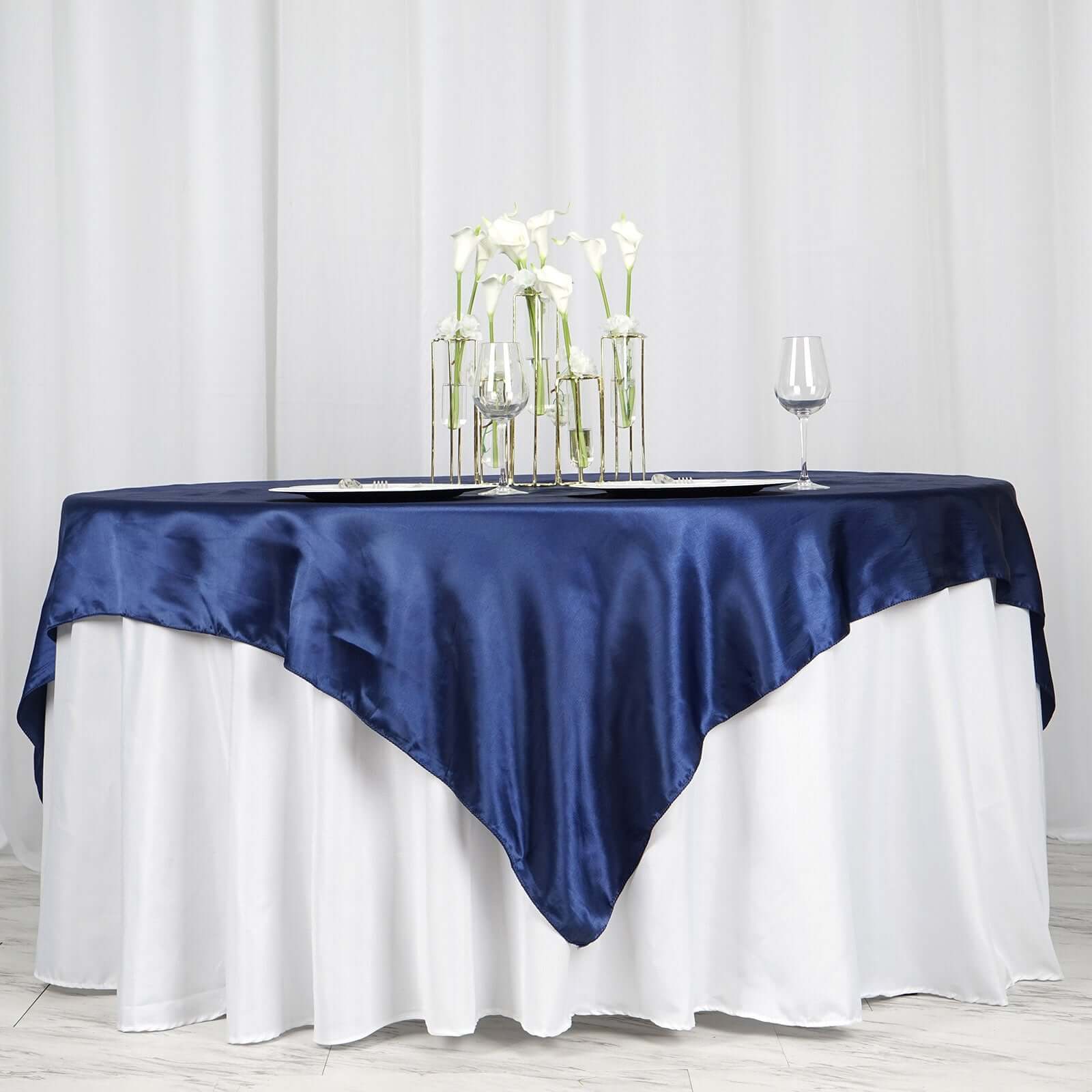 Navy Blue Satin 72x72 Square Table Overlay - Smooth Finish, Ideal for Events