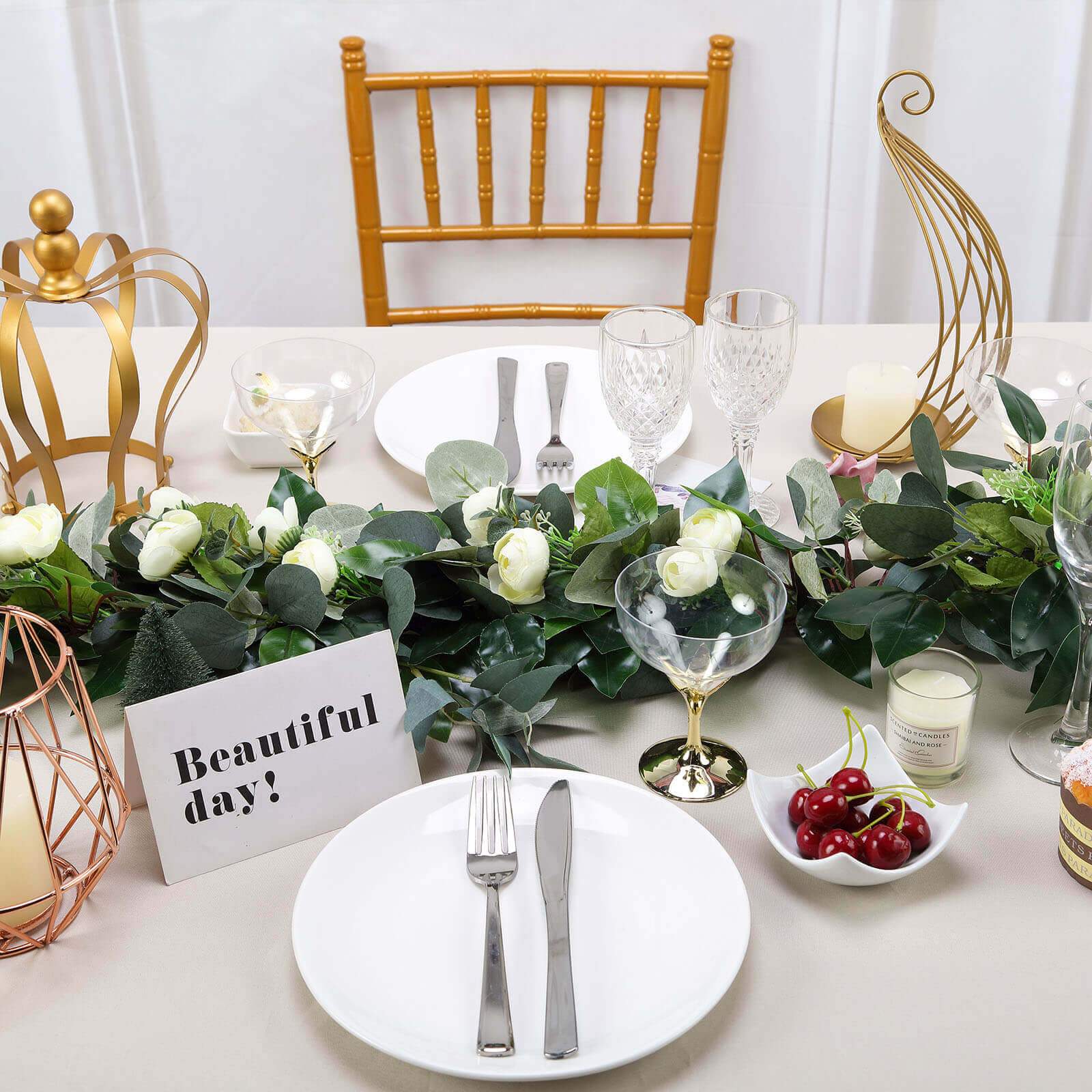 40-Foot Artificial Silk Cream Ranunculus and Eucalyptus Willow Leaf Garland - Ideal Decor