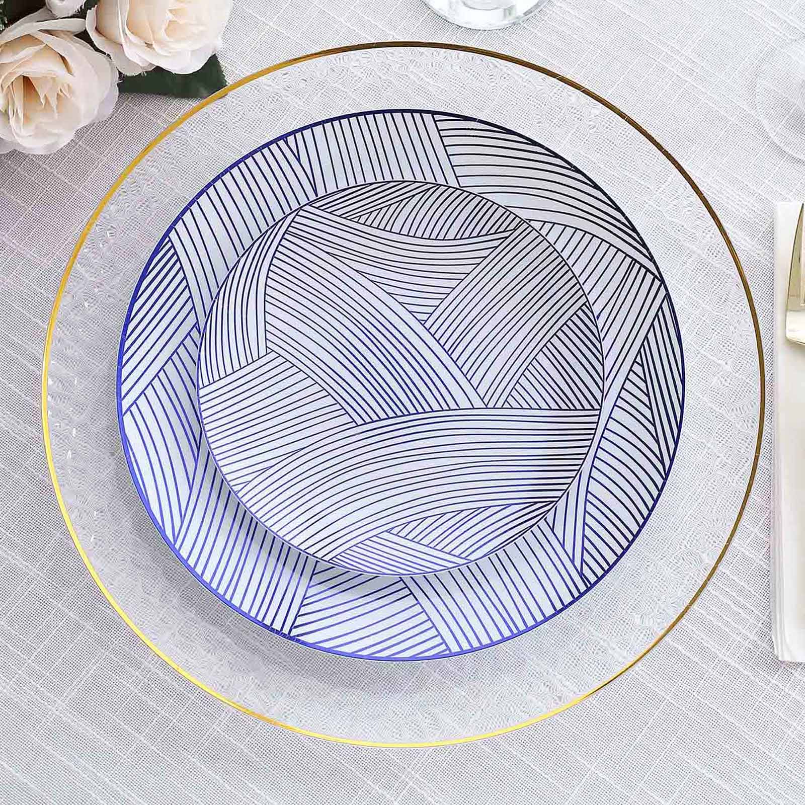 Great Deal! 10-Pack Disposable Plastic Round Dessert Plates in White with Blue Wave Pattern, 7 Inches