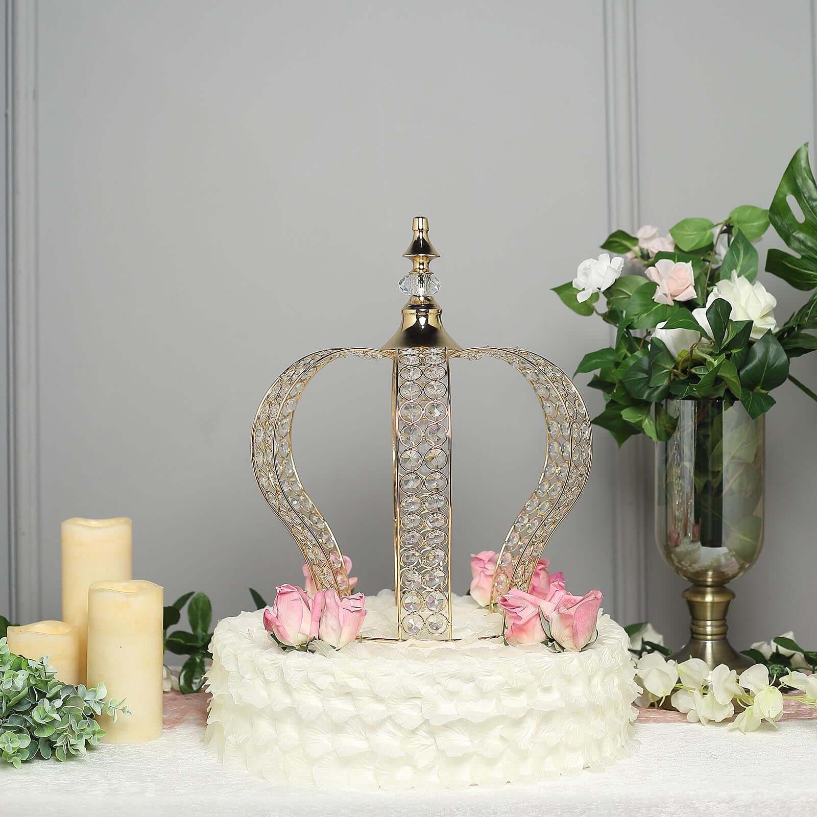 Metallic Gold Crystal-Bead Royal Crown Cake Topper - Ideal for Royal Baby Showers, Sweet 16 Cakes & Events