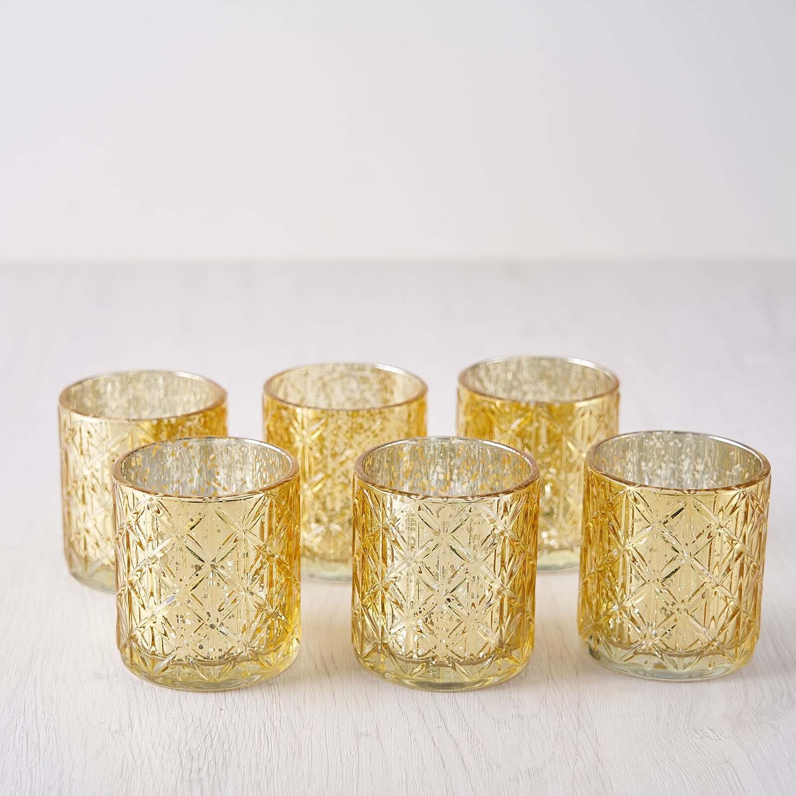 Hot Sale! 6-Piece Set of Shiny Gold Mercury Glass Votive Tealight Holders with Geometric Design