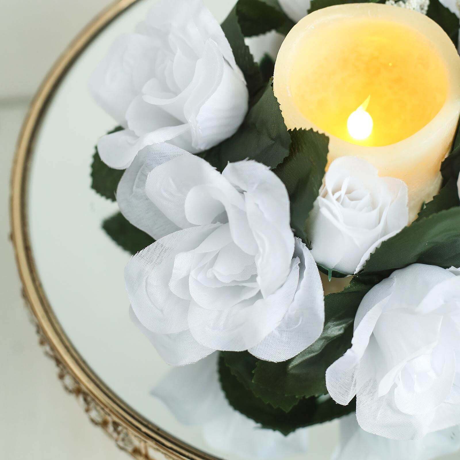Set of 4 Artificial White Silk Rose and Baby's Breath Candle Ring Wreaths