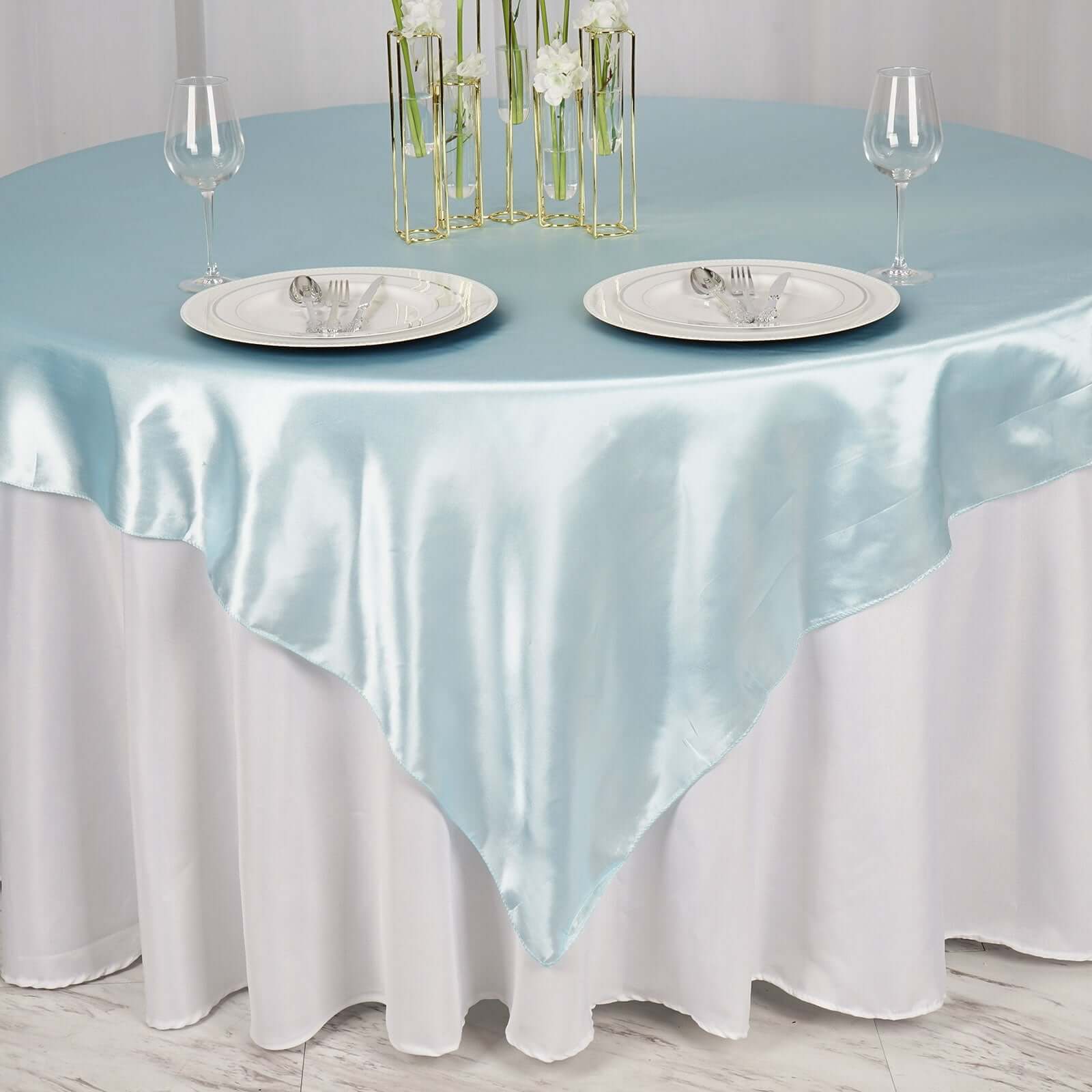 Promotional Light Blue 72x72 Satin Square Table Overlay with Smooth Finish