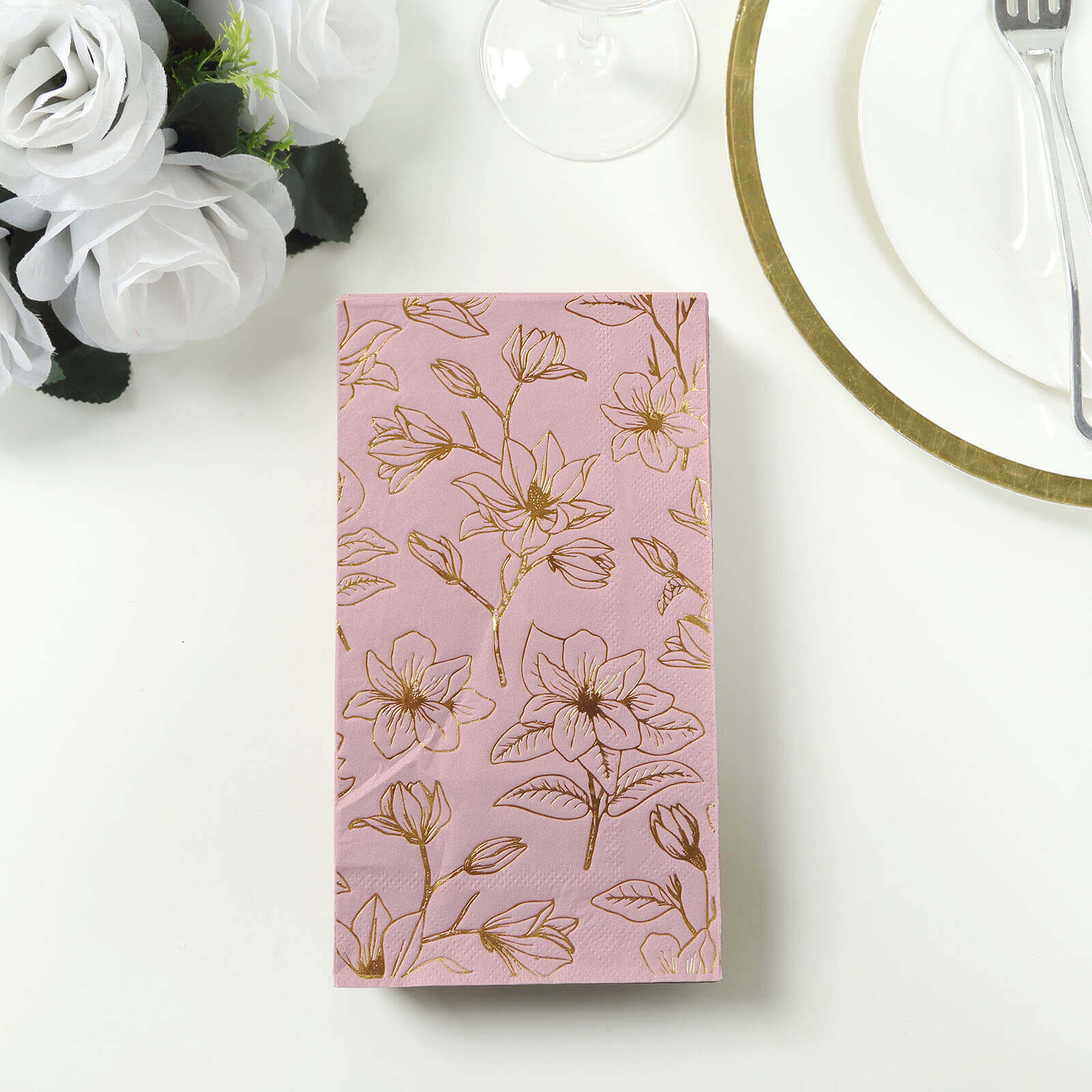 50-Pack Disposable 2-Ply Soft Paper Dinner Napkins in Dusty Rose with Gold Magnolia Prints for Parties