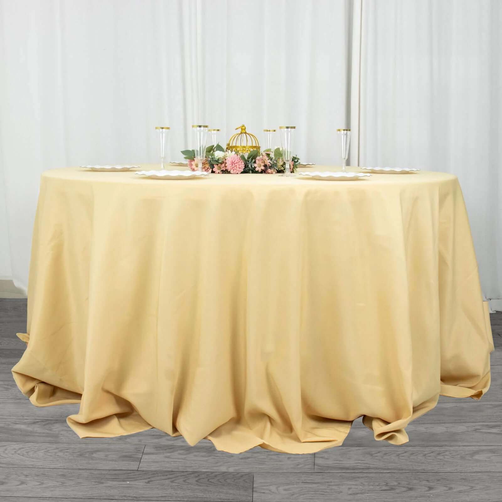 Champagne 132' Seamless Premium Polyester Round Tablecloth - 220GSM Wrinkle-Resistant