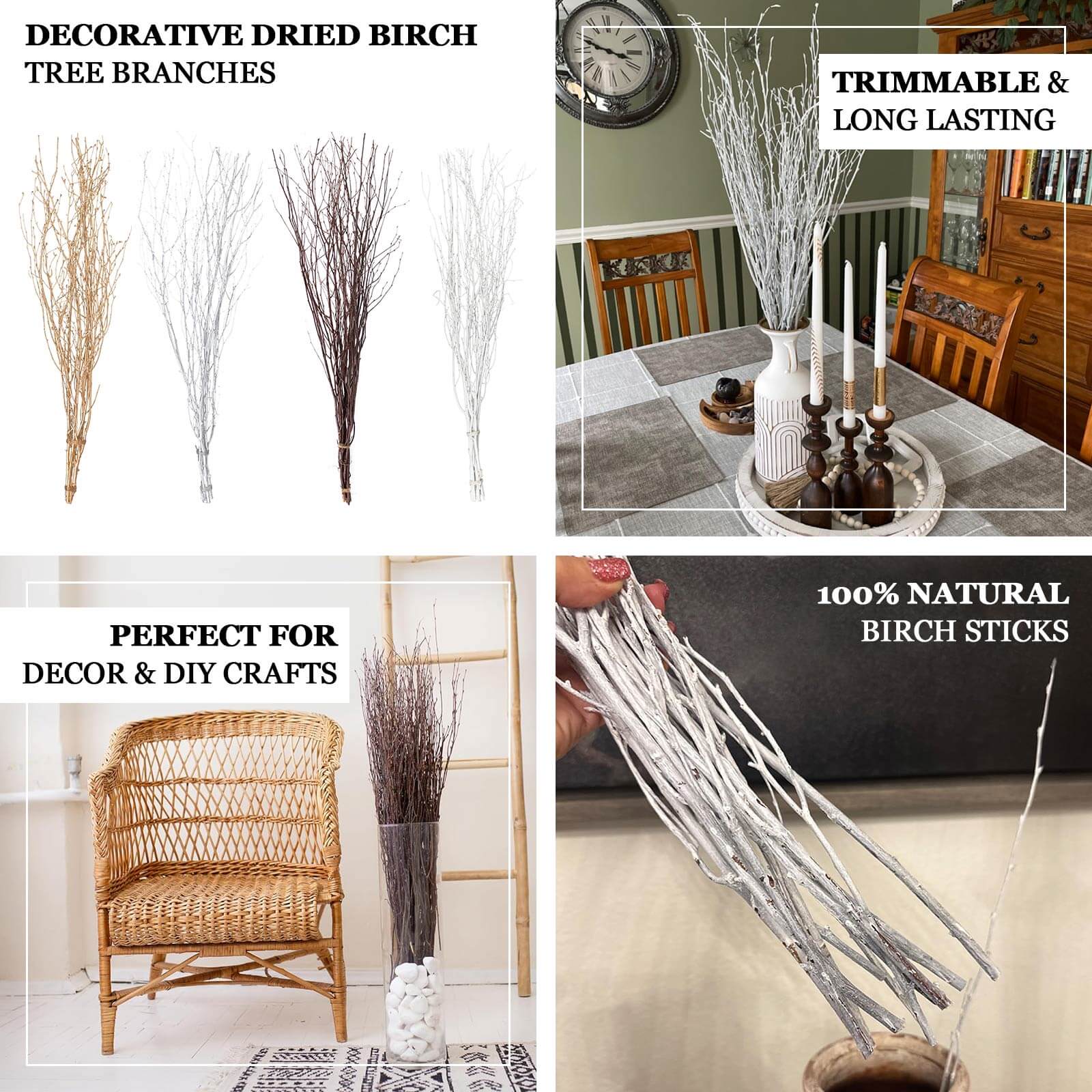 6-Pack 46" White Natural Birch Branches - Ideal for Wedding & Home Decor
