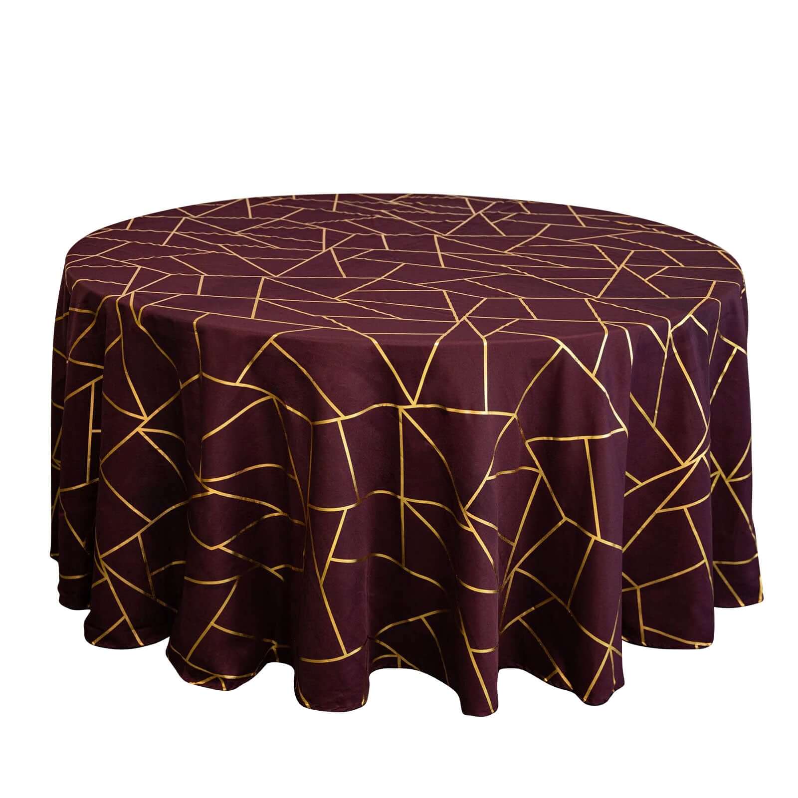 Exclusive 120-Inch Burgundy Polyester Seamless Round Tablecloth with Gold Foil Geometric Design for 5-Foot Tables