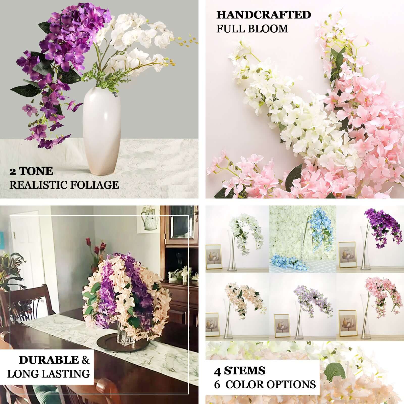 Get 4 Artificial Silk Peegee Hydrangea Flower Branches, 41 Inches Tall, White Dual - Tone