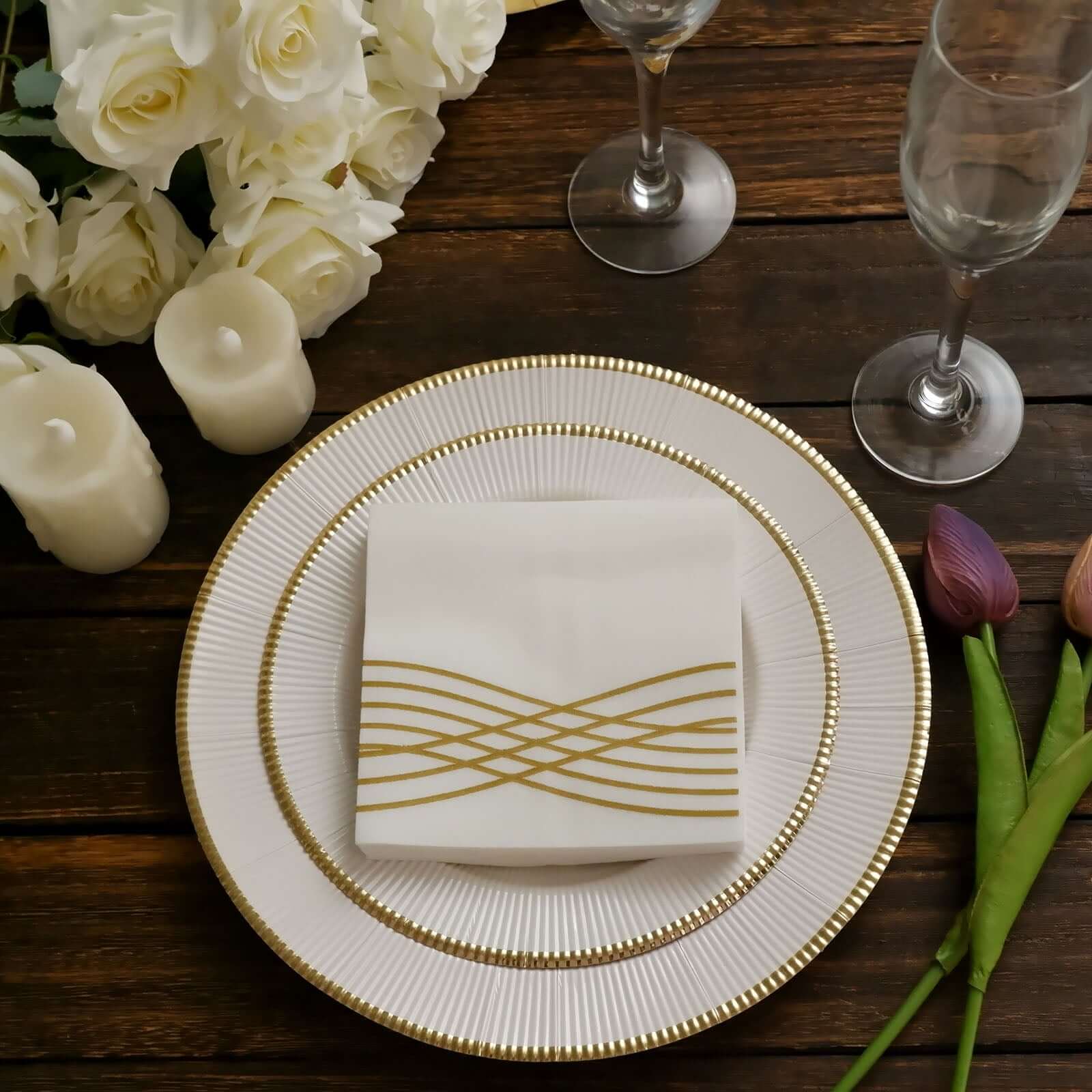 20-Piece Set of White Airlaid Cocktail Napkins with Gold Foil Wave Design