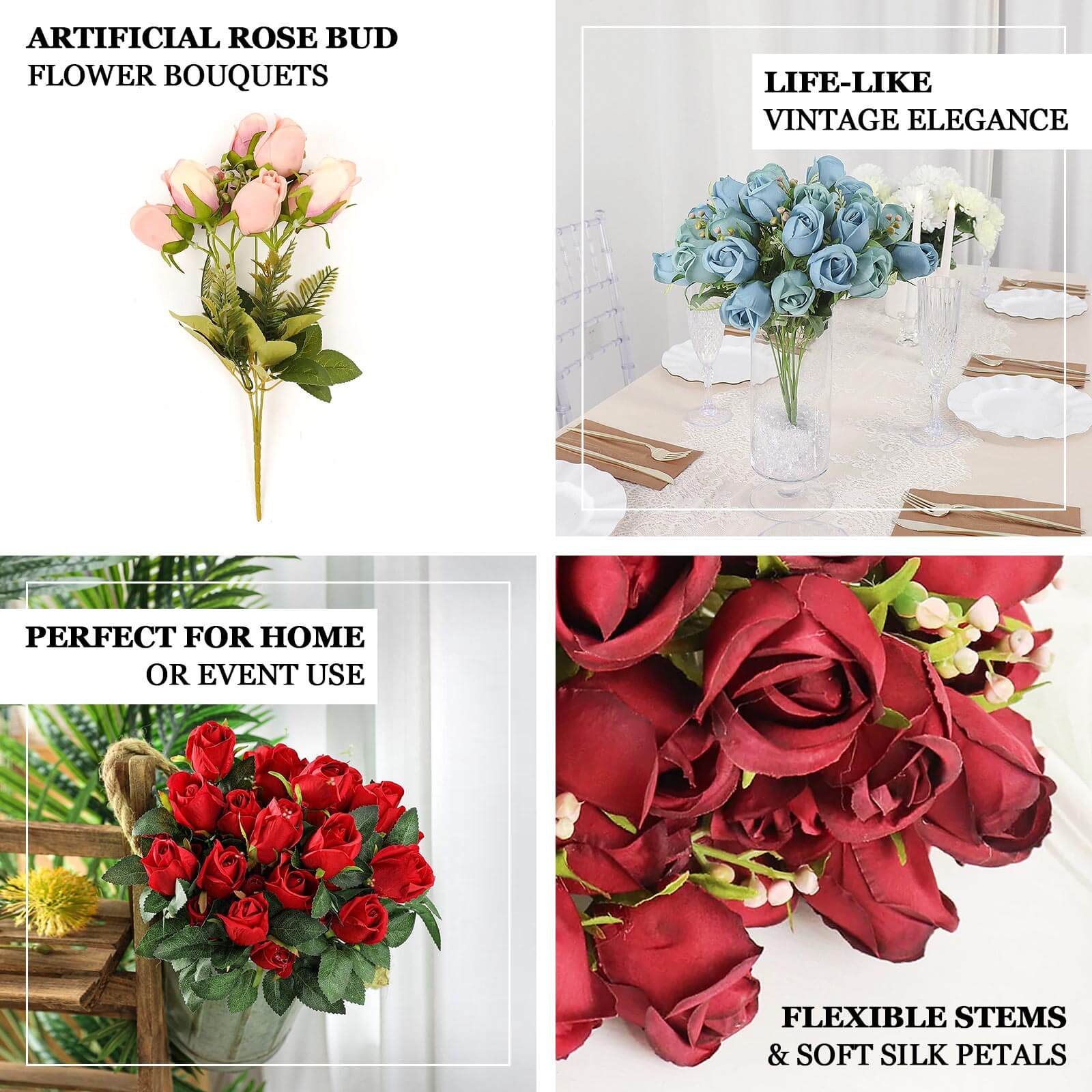 Hot Deal! 3-Pack 13" White Real-Touch Silk Rose Bud Bridal Bouquets for Decor