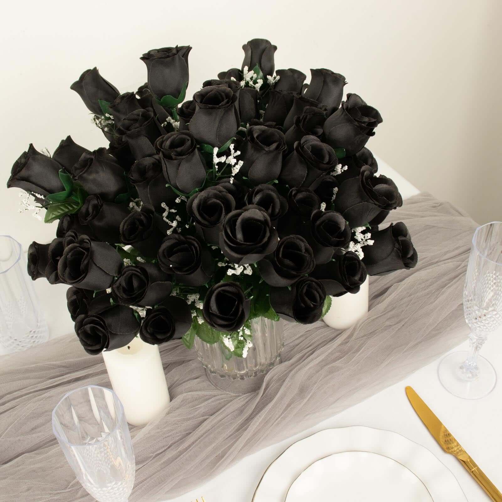 Premium Artificial Black Silk Rose Bud Bouquets - 12 Bushes for Stunning Decor