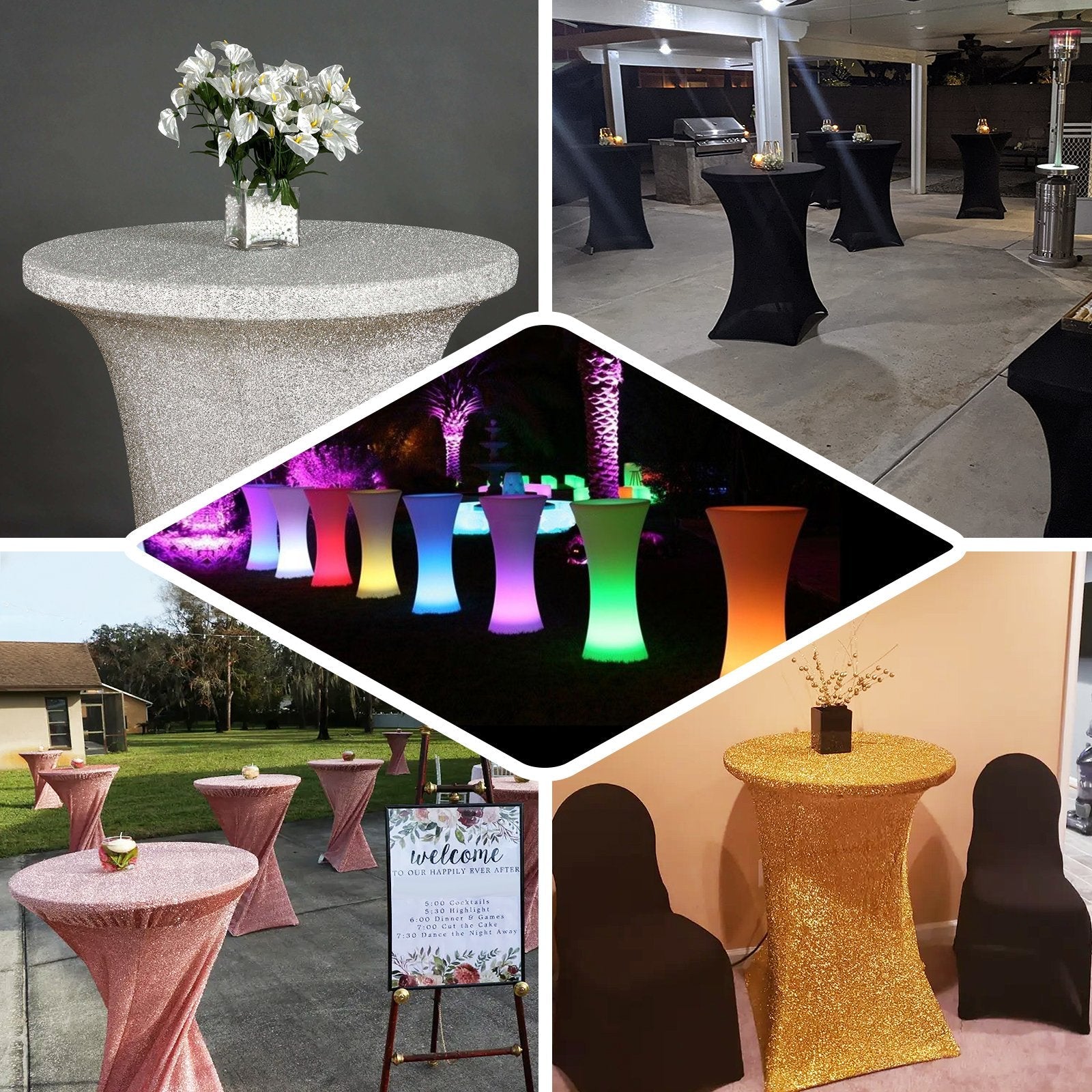 Shiny Black Metallic Glitter Spandex Cover for Cocktail Tables