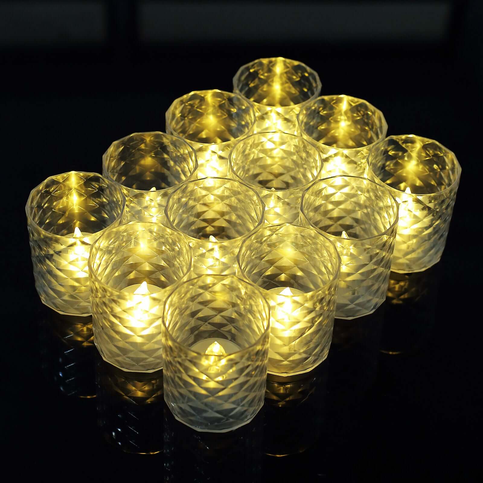 12-Piece Set of Clear LED Tealight Candle Holders in Whiskey Glass Design with Warm White Battery-Operated Lights