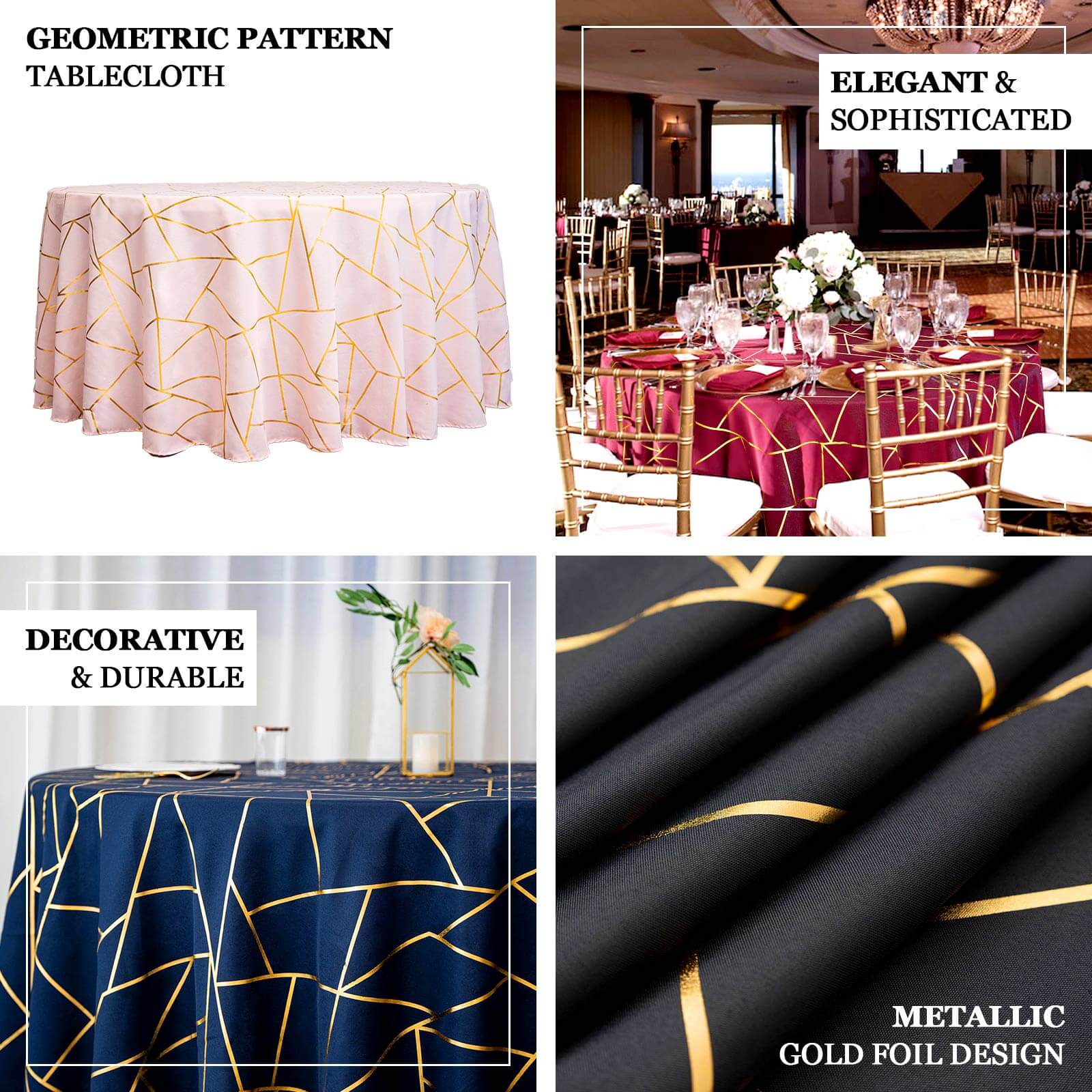 Exclusive 120-Inch Burgundy Polyester Seamless Round Tablecloth with Gold Foil Geometric Design for 5-Foot Tables