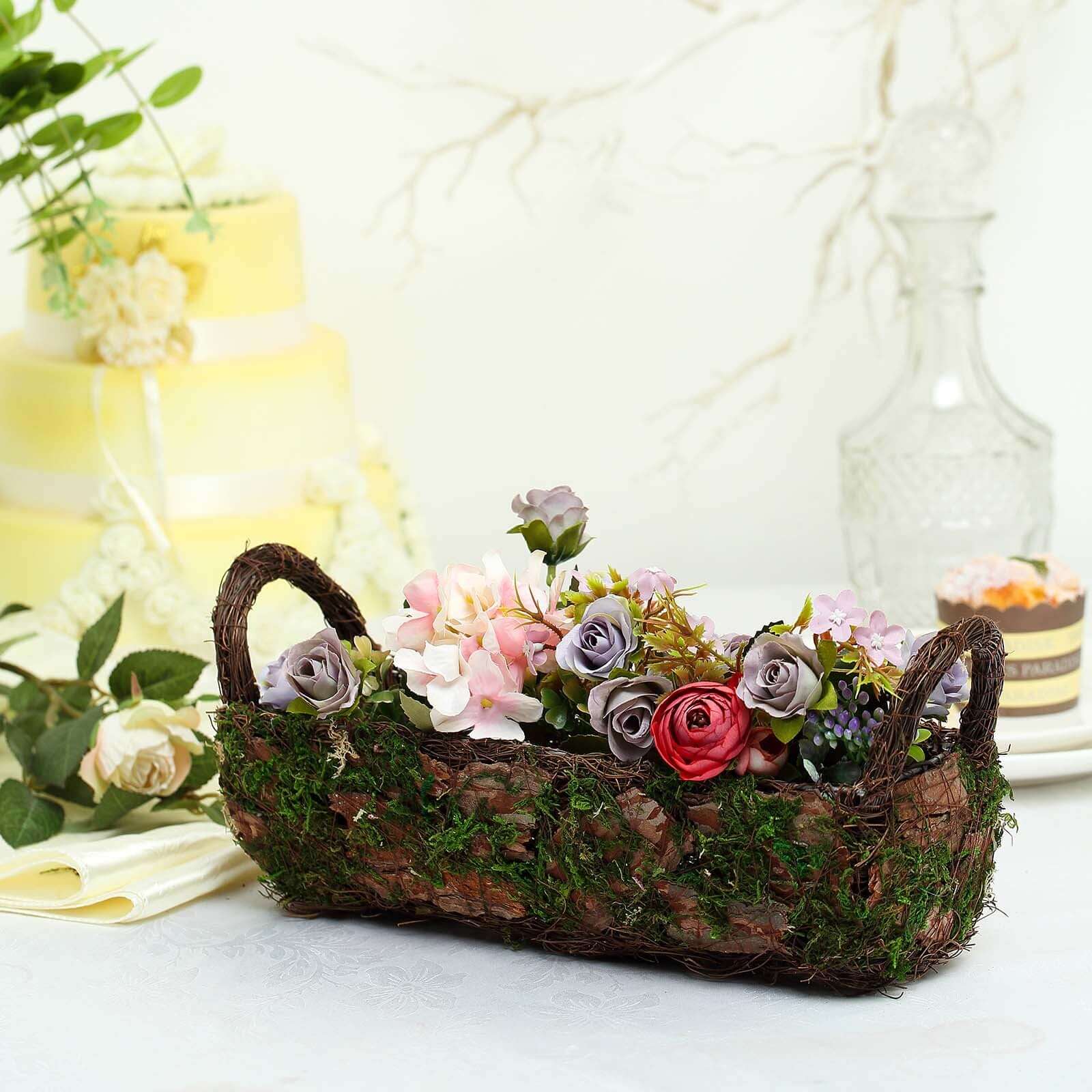 Special Offer! Set of 2 Rustic Moss Log-Shaped Planter Boxes with Handles for Flower Arrangements