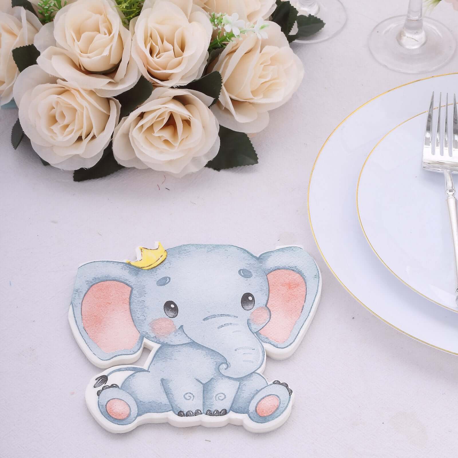 20-Pack Disposable Blue Elephant-Shaped Paper Beverage Napkins for Baby Showers