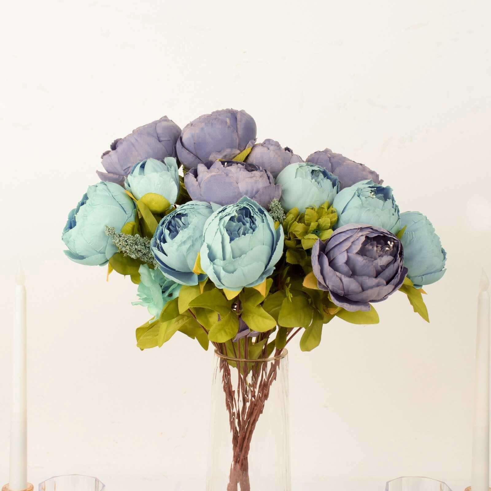 Hot Deal! 2-Pack 19-Inch Dusty Blue Artificial Peony Flower Bouquets for Weddings and Decor