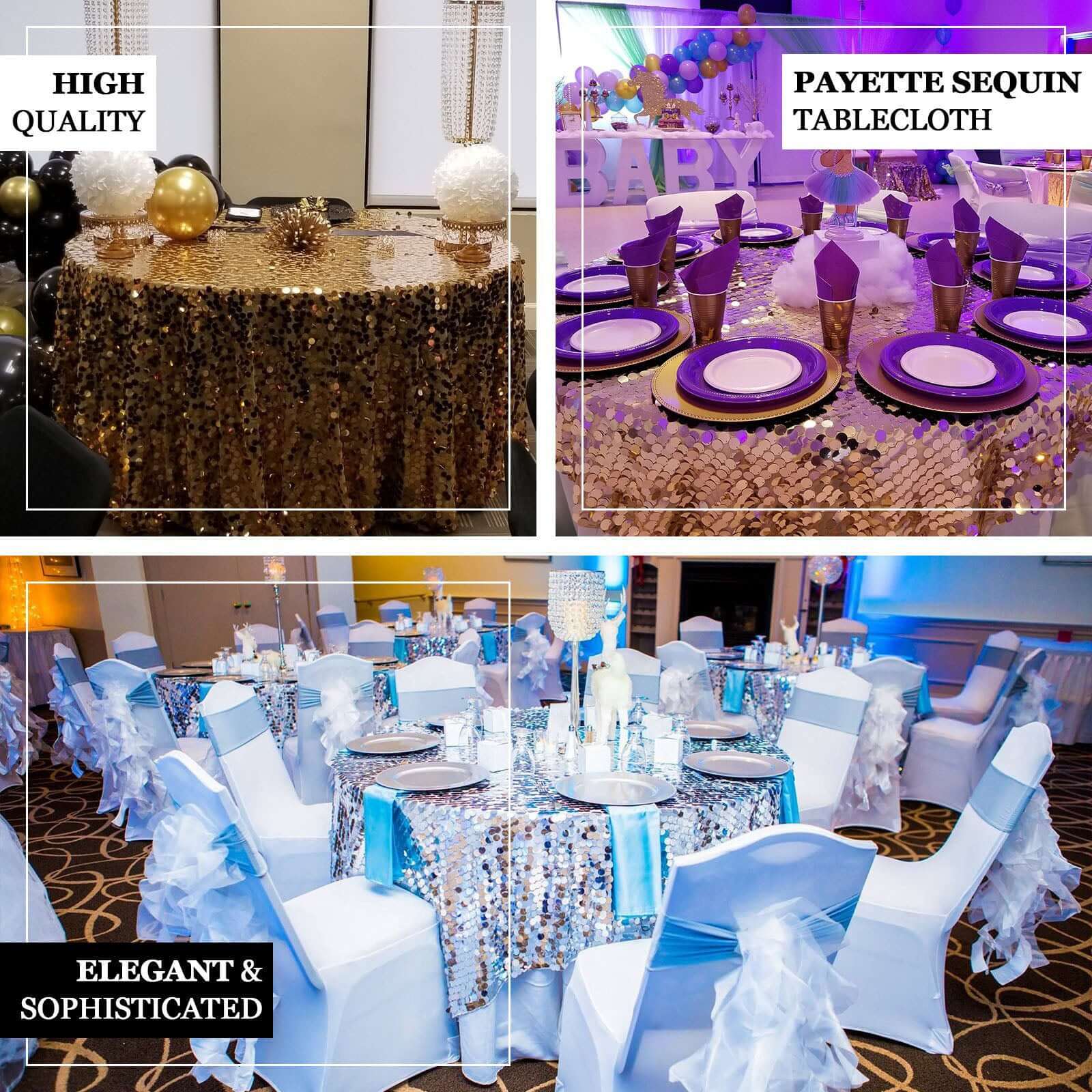 120-Inch Iridescent Seamless Big Payette Sequin Round Tablecloth for 5-Foot Tables