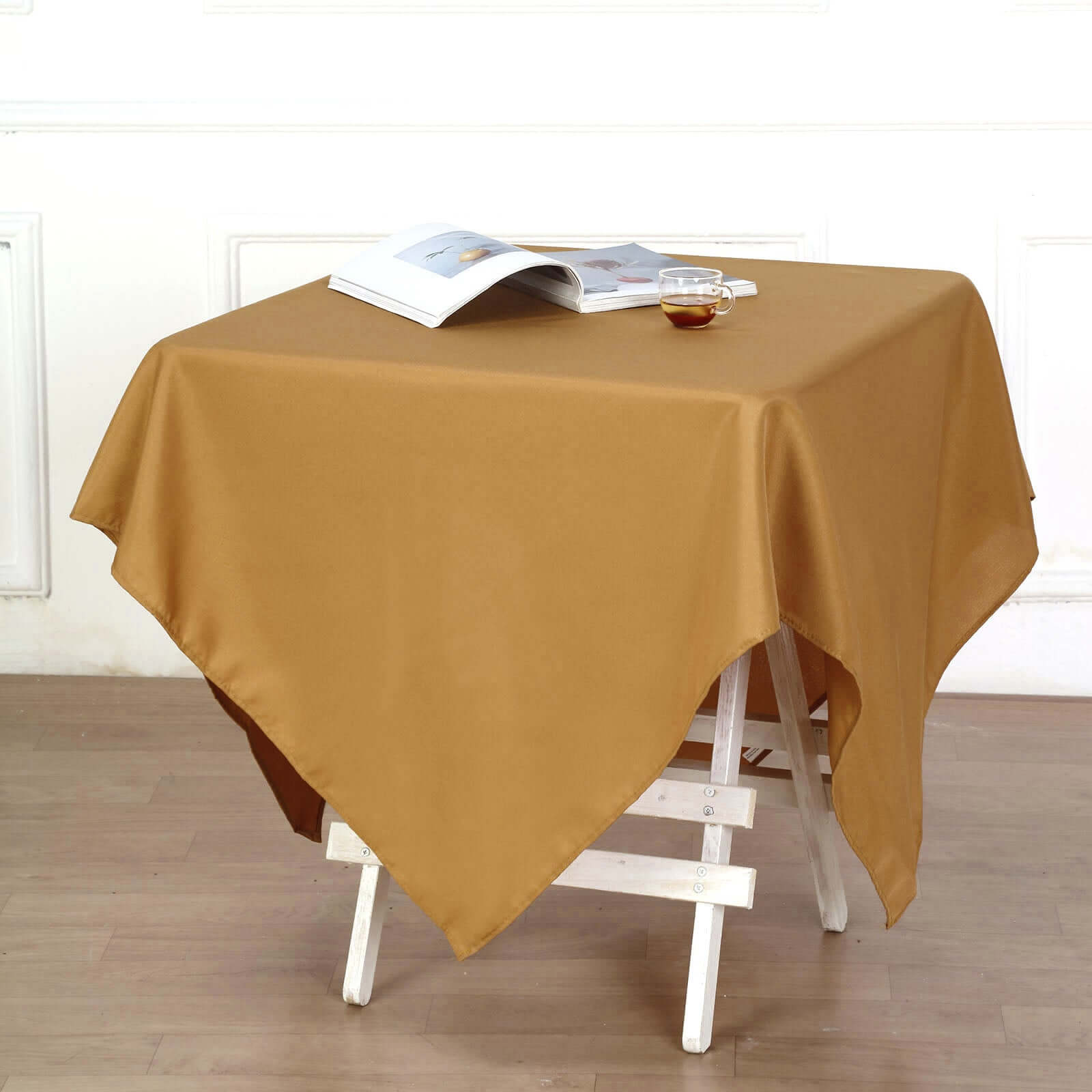 Wrinkle-Resistant & Durable Gold Polyester 54x54 Square Tablecloth for Events