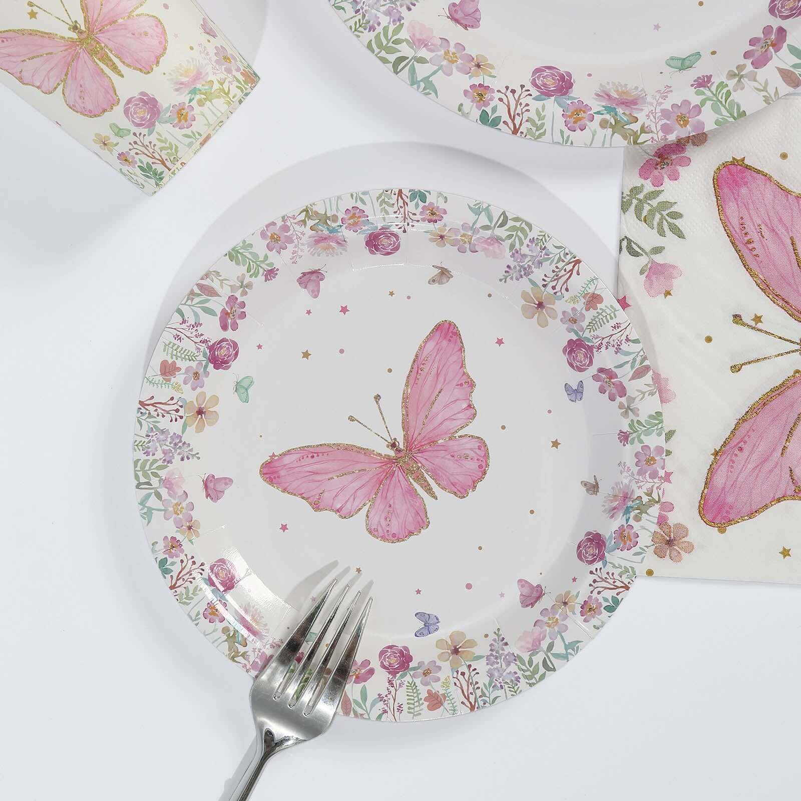 96-Piece Disposable Paper Dinnerware Set with Butterfly Print in White and Pink