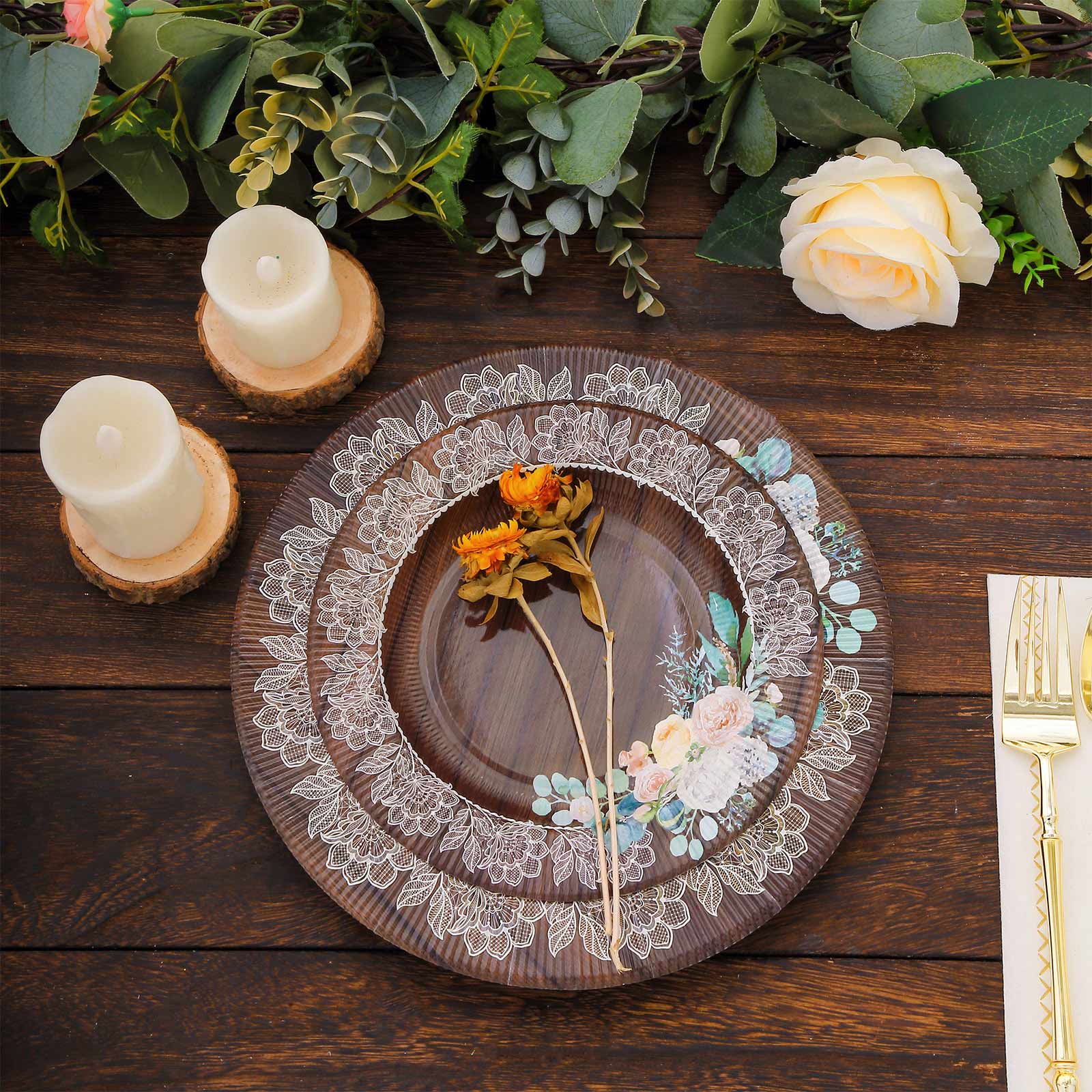 25-Piece Disposable 8-Inch Round Brown Wood Print Dessert Plates with Floral Lace Rim for Rustic Events