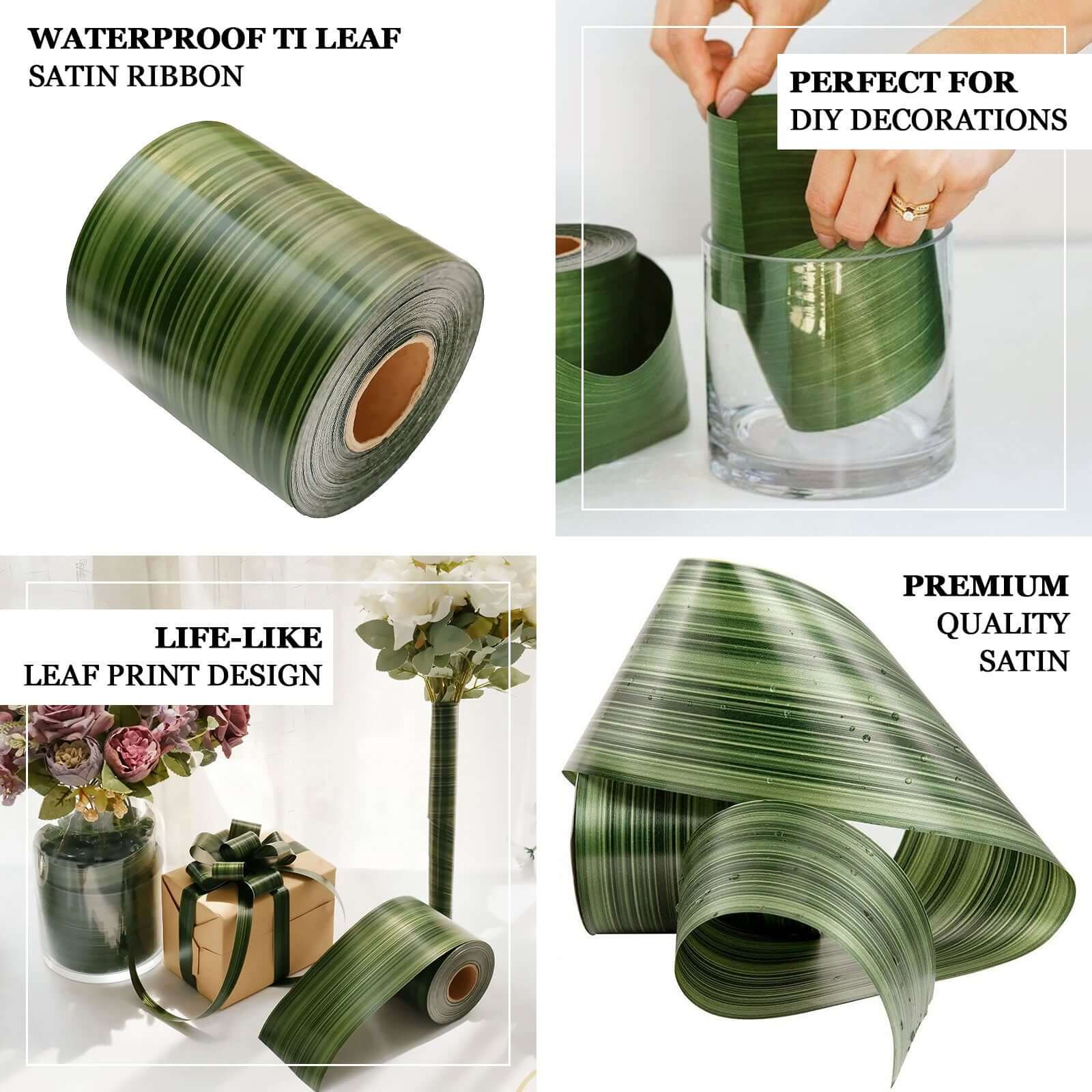 50-Yard 4-Inch Green Ti Leaf Double-Sided Waterproof Satin Ribbon for DIY Bouquet and Craft Supplies