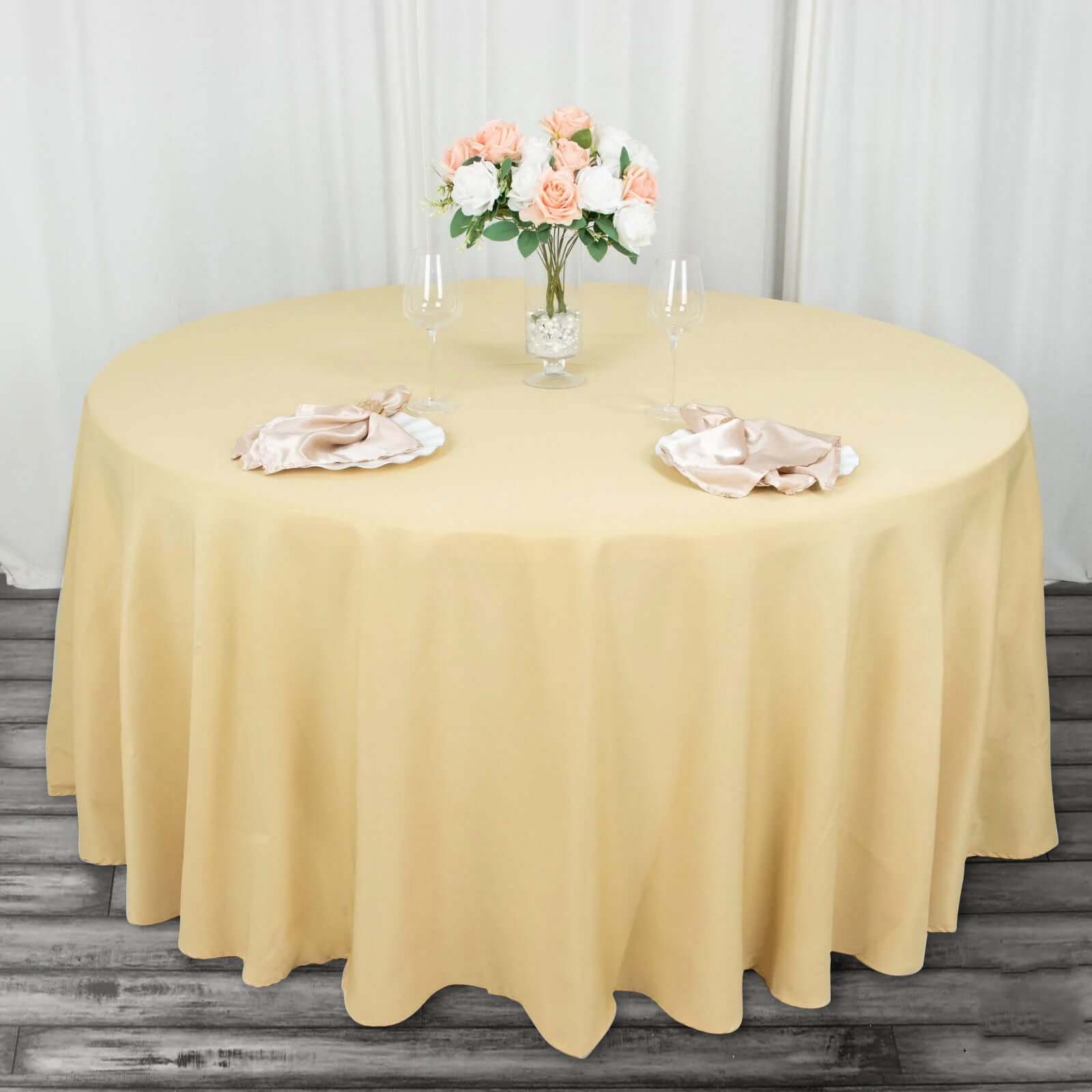Hot! Seamless 220GSM Wrinkle-Resistant Champagne 120 Round Premium Polyester Tablecloth
