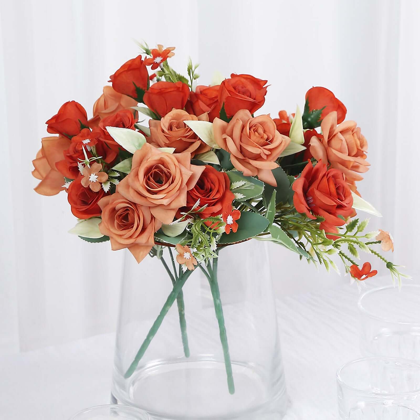12-Inch Terracotta (Rust) Artificial Silk Rose Flower Bouquet with 4 Bushes for Decor